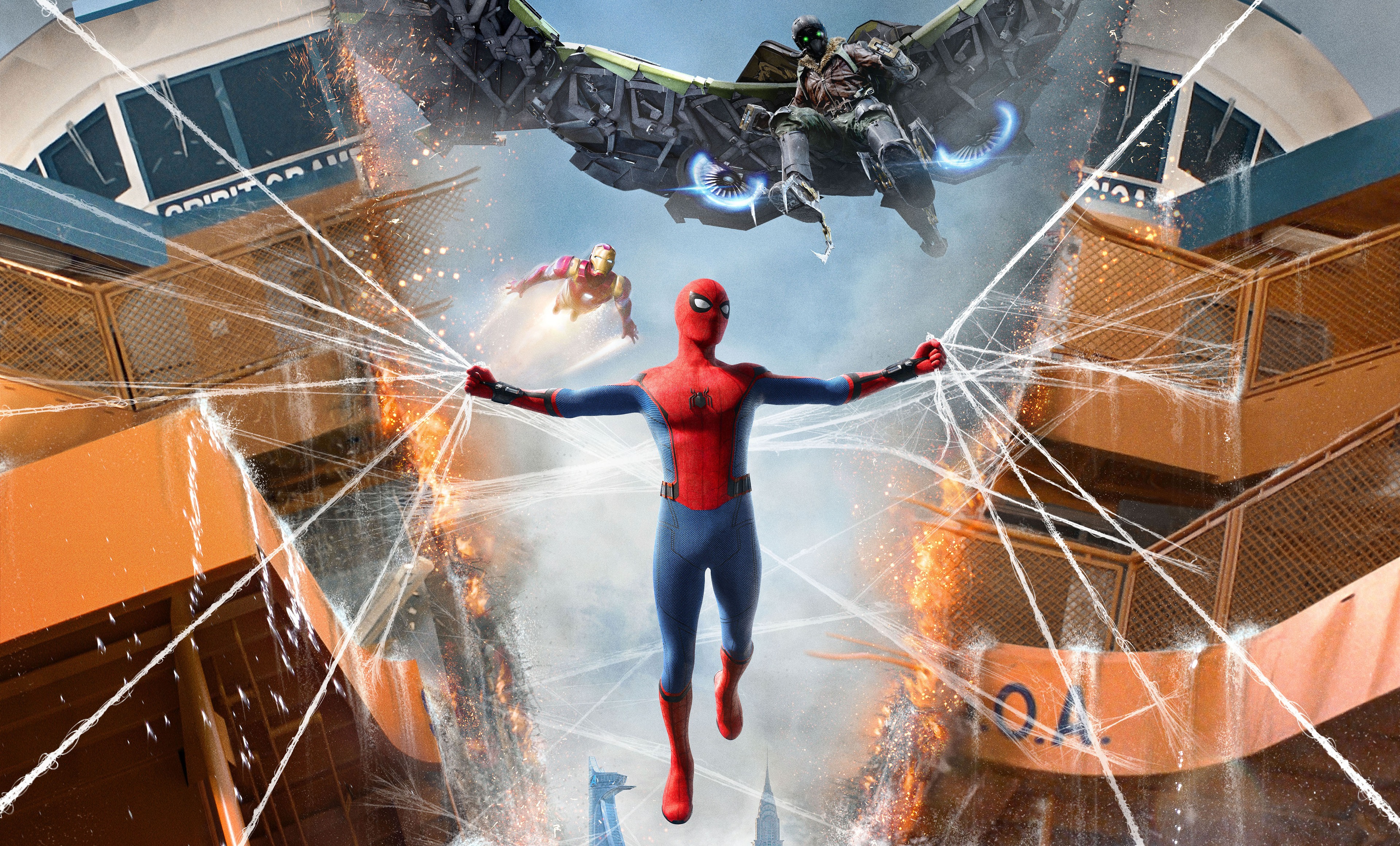 Homecoming, Vulture, Iron Man, Arms outstretched holding webs, Orange structures with sparks, Winged figure overhead, Bright daytime sky, 4K Desktop wallpaper
