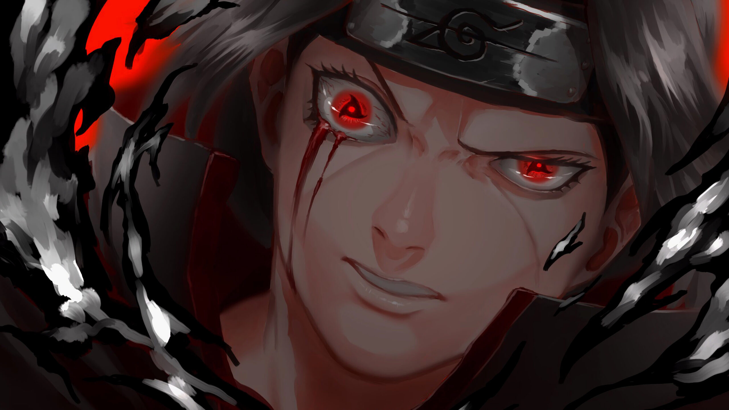 Itachi Uchiha, bleeding Mangekyo Sharingan, slashed Konoha headband, HD Desktop wallpaper