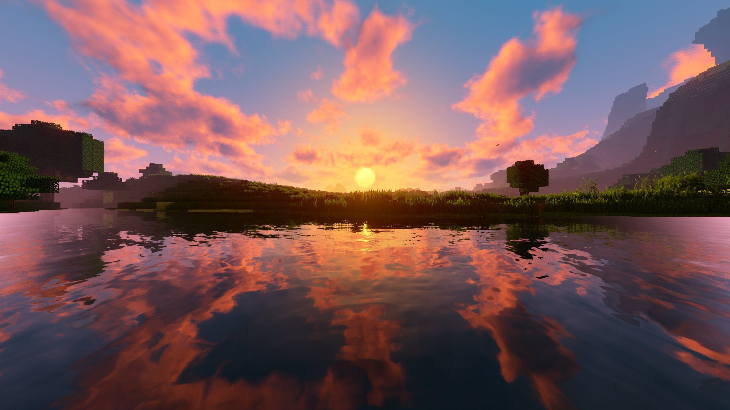Minecraft shaders landscape, lake water reflection, pink sunset clouds, HD Desktop wallpaper