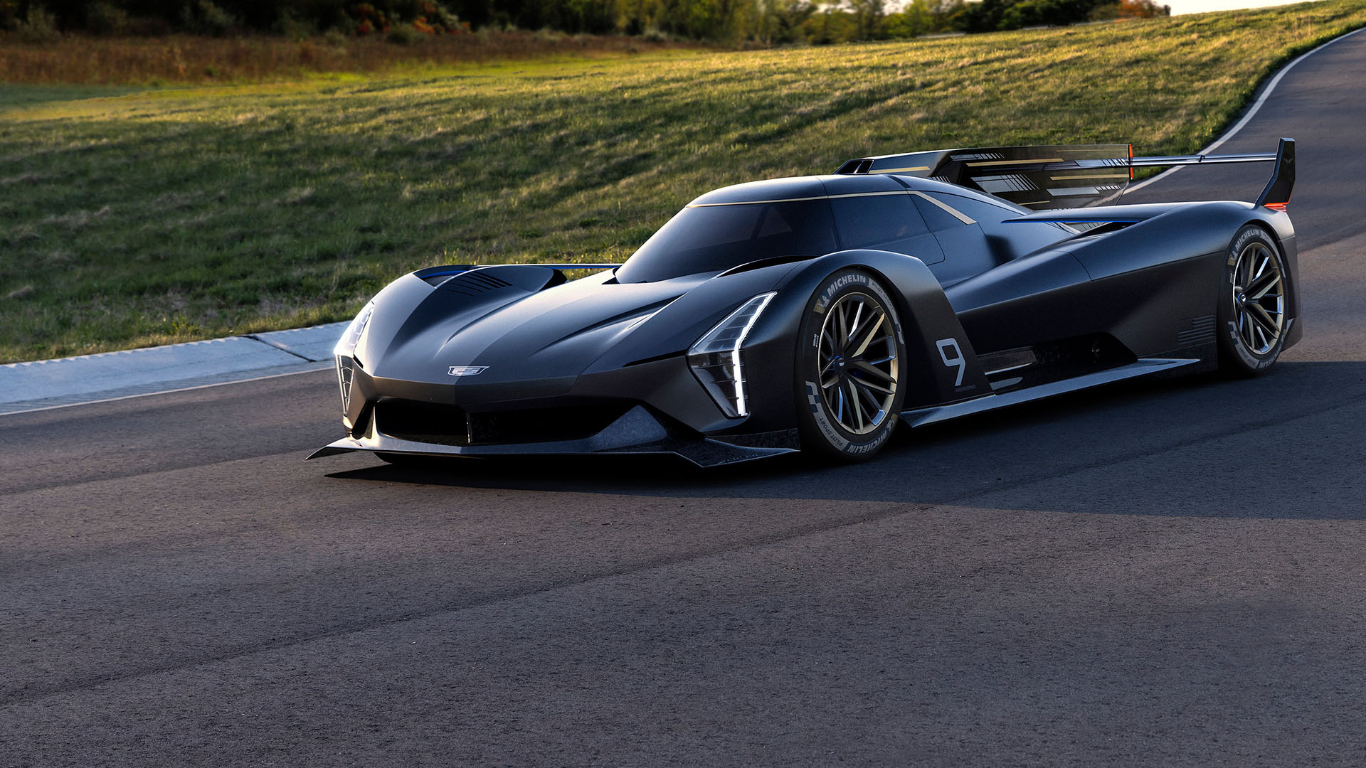 Cadillac Project GTP Hypercar, asphalt race track, matte black bodywork, Full HD Desktop wallpaper
