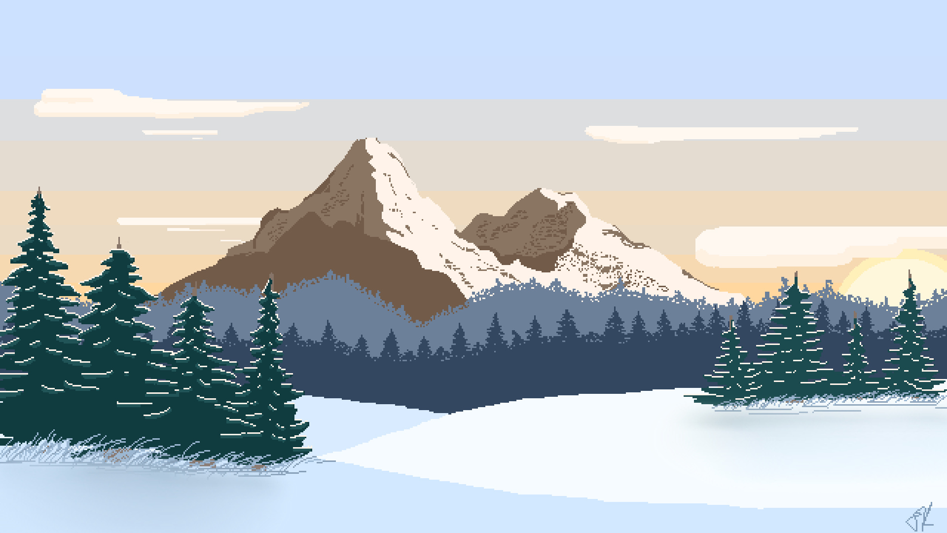 snow-capped mountain peak, pixel art pine forest, snow-covered winter meadow, Full HD Desktop wallpaper