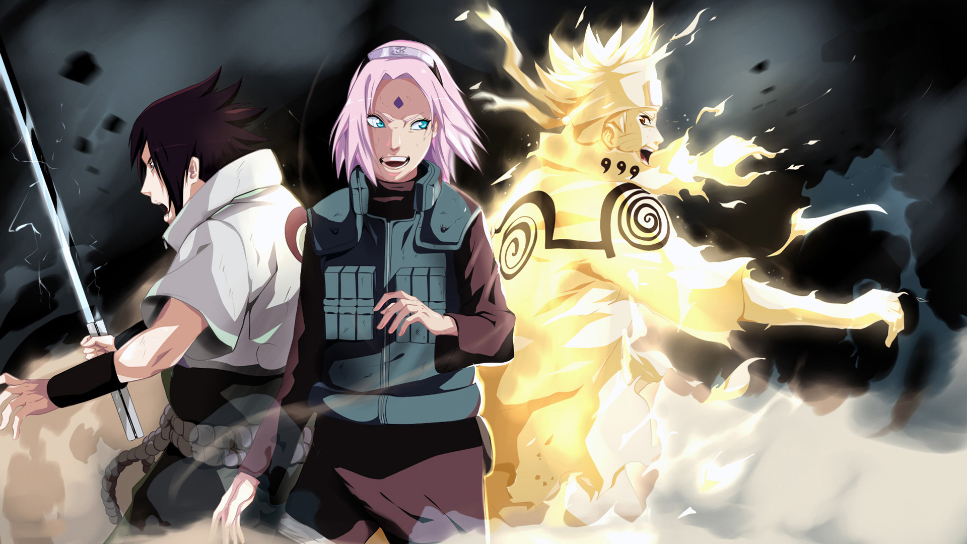 Sasuke Uchiha, Sakura Haruno, Naruto Uzumaki Kurama Mode, Team 7, Full HD Desktop wallpaper