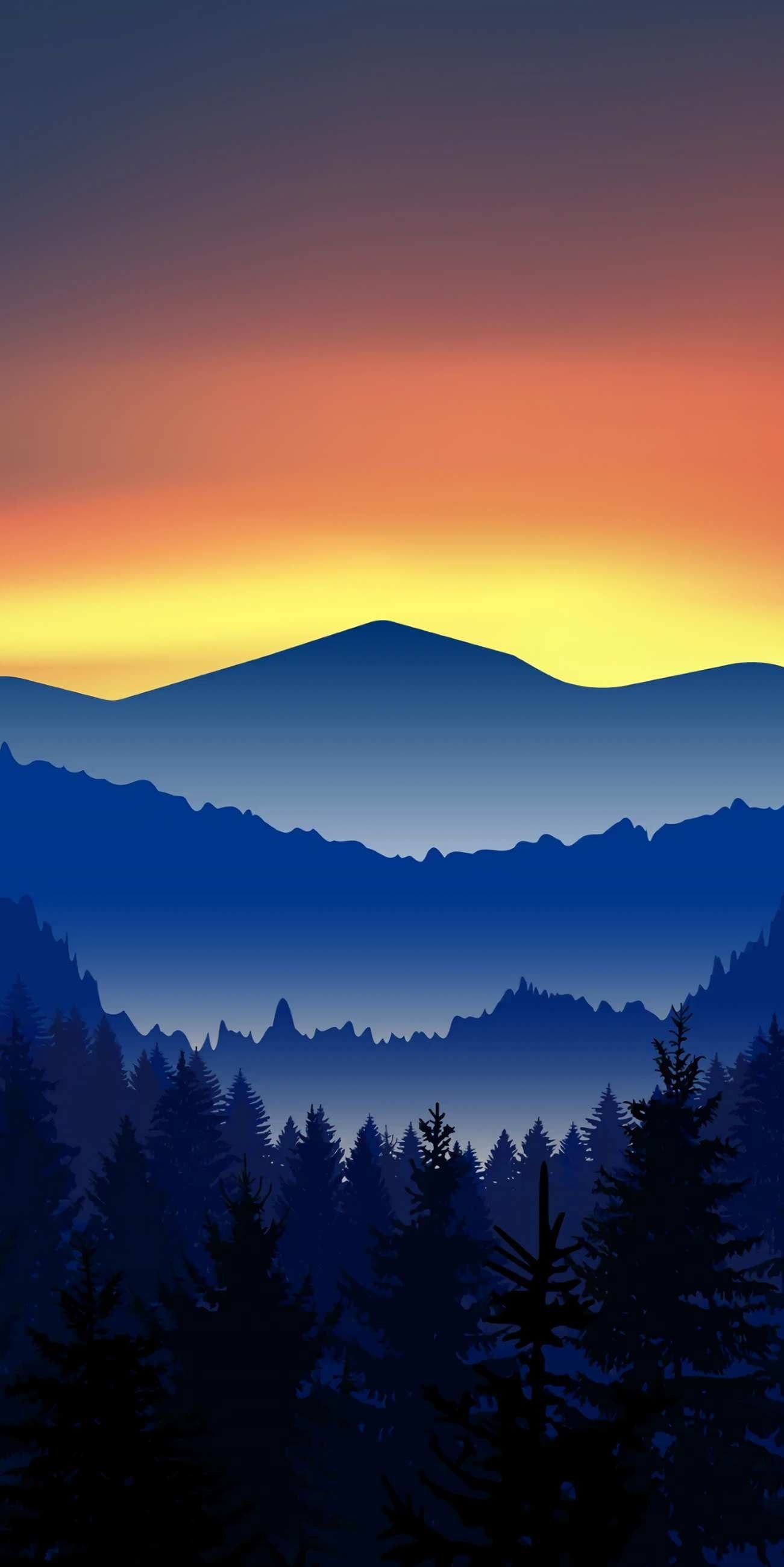 blue mountain silhouettes, pine forest silhouette, orange sunset gradient sky, HD Phone wallpaper