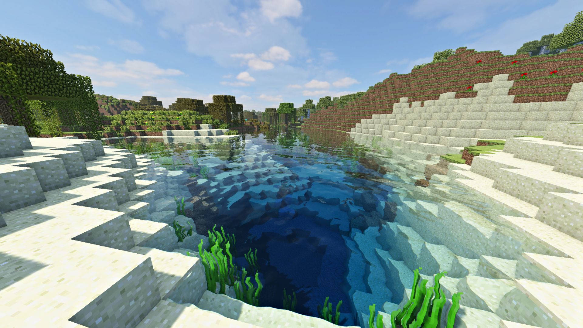 Minecraft shader water, Minecraft sandy riverbank, Minecraft underwater seagrass, Full HD Desktop wallpaper