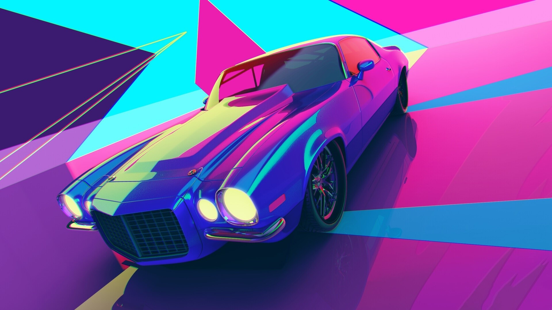 1970 Chevrolet Camaro RS, synthwave geometric backdrop, neon magenta lighting, Full HD Desktop wallpaper