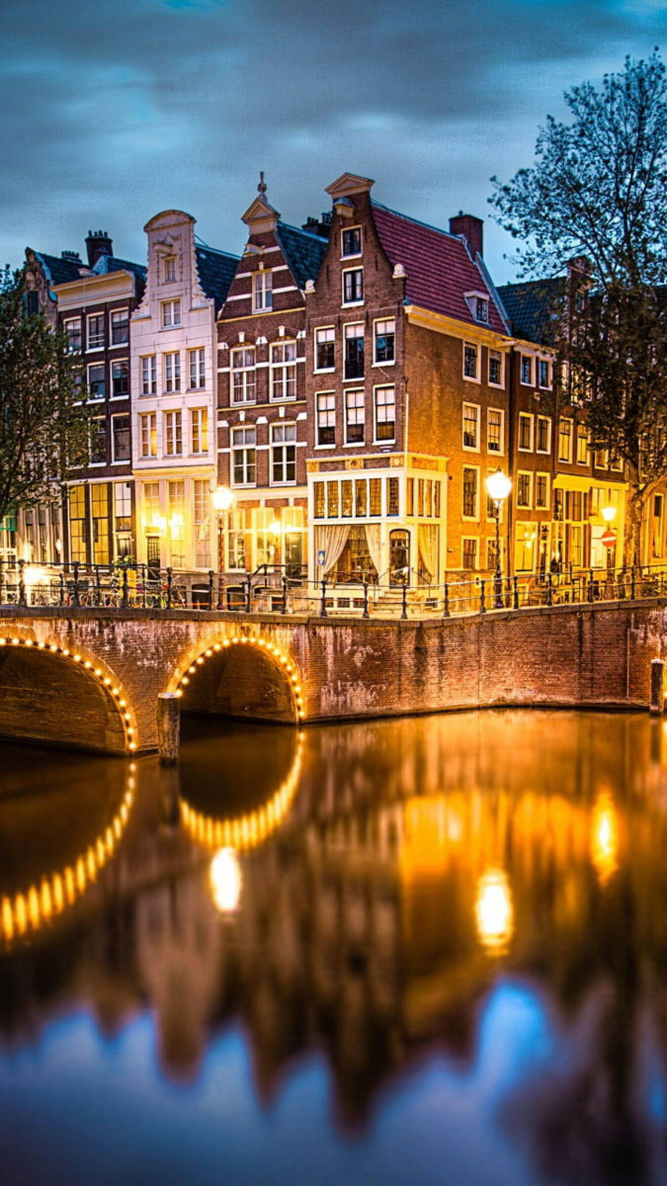 Amsterdam, Netherlands city, Evening lights, River bridge, 1350x2400 HD Phone