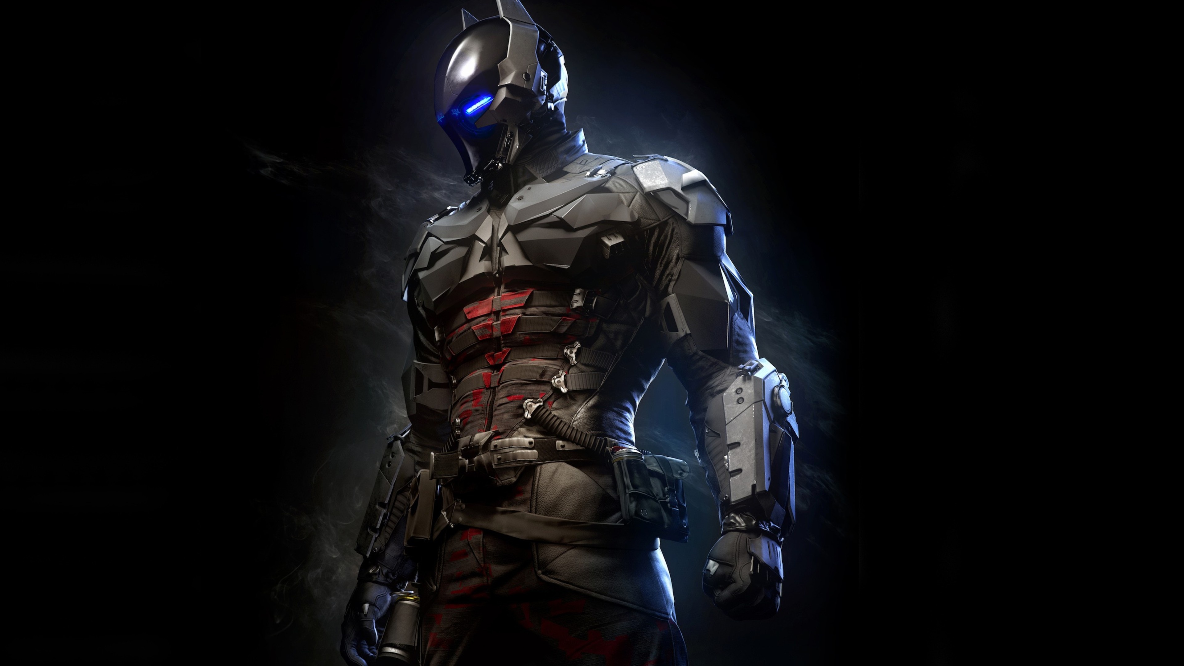 Arkham Knight, Arkham Knight tactical armor, Glowing blue helmet visor, 4K Desktop wallpaper