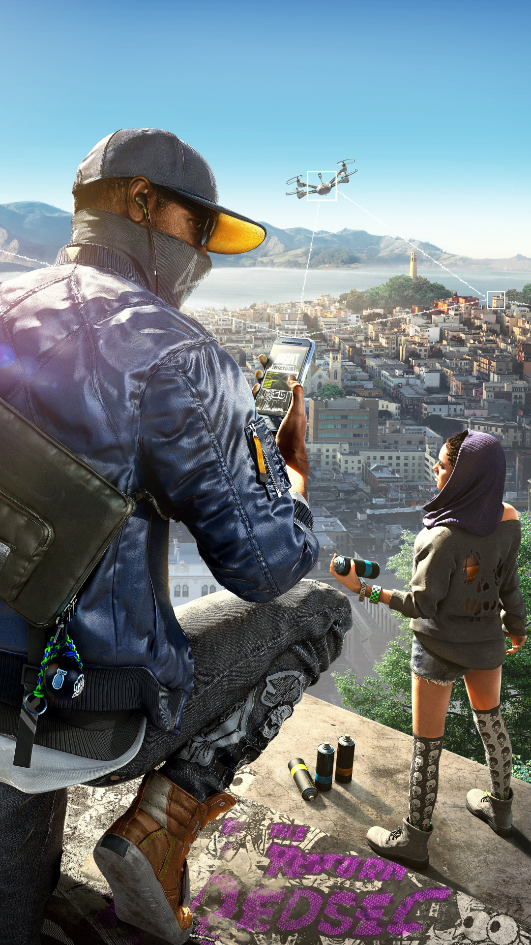 Marcus Holloway, Sitara Dhawan, San Francisco cityscape, DEDSEC graffiti, Full HD Phone wallpaper