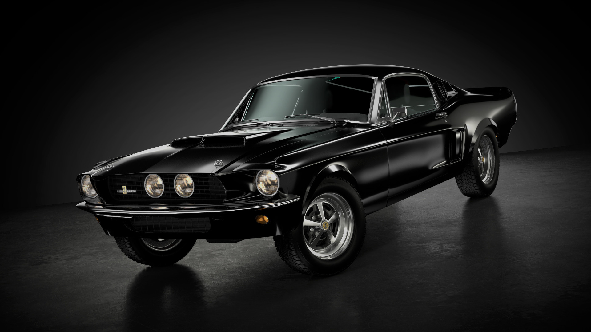 1967 Ford Mustang Fastback, American Racing Torq Thrust wheels, Dark studio setting, Full HD Desktop wallpaper