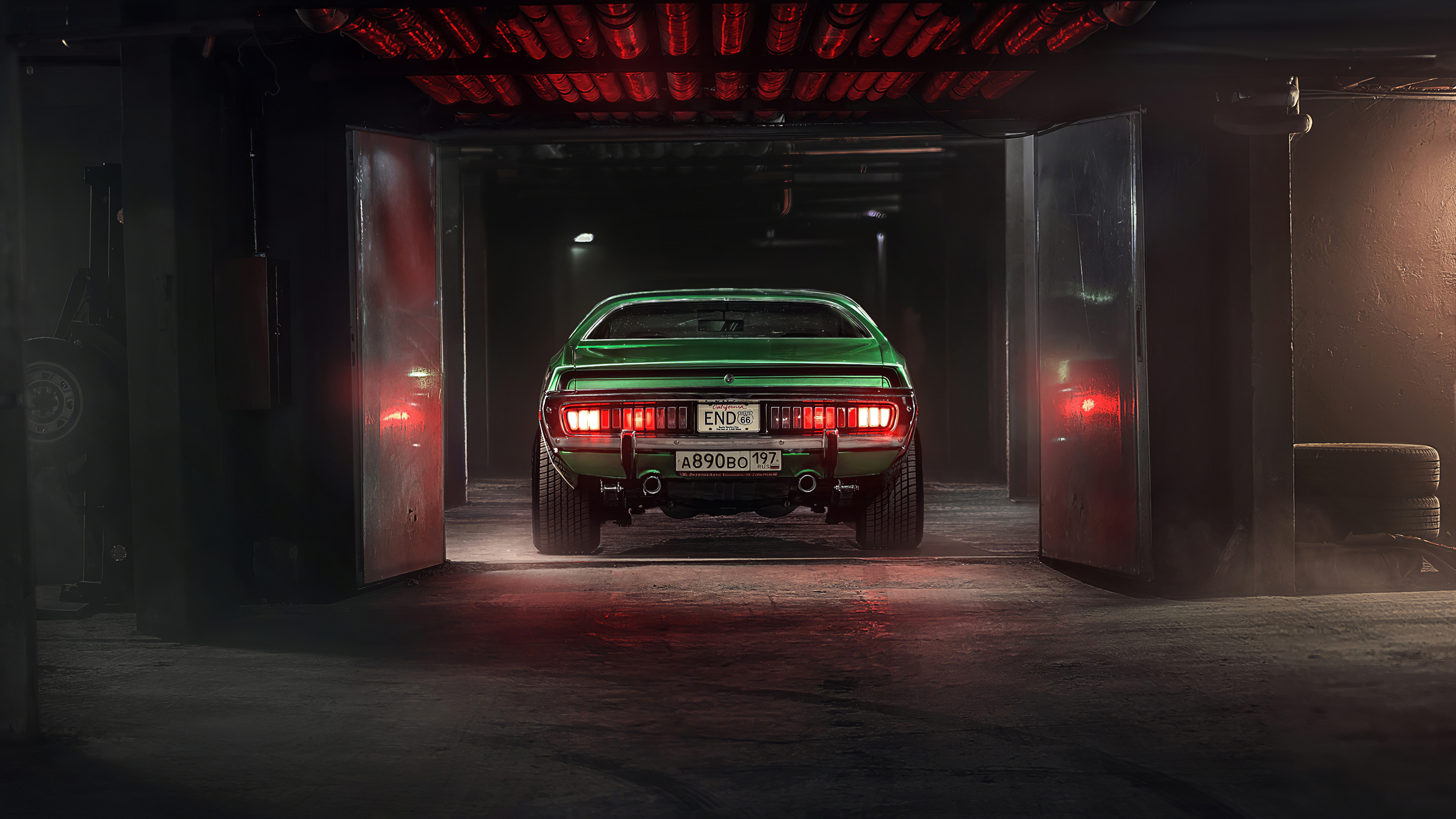 green Dodge Charger, dark underground garage, glowing red taillights, 4K Desktop wallpaper