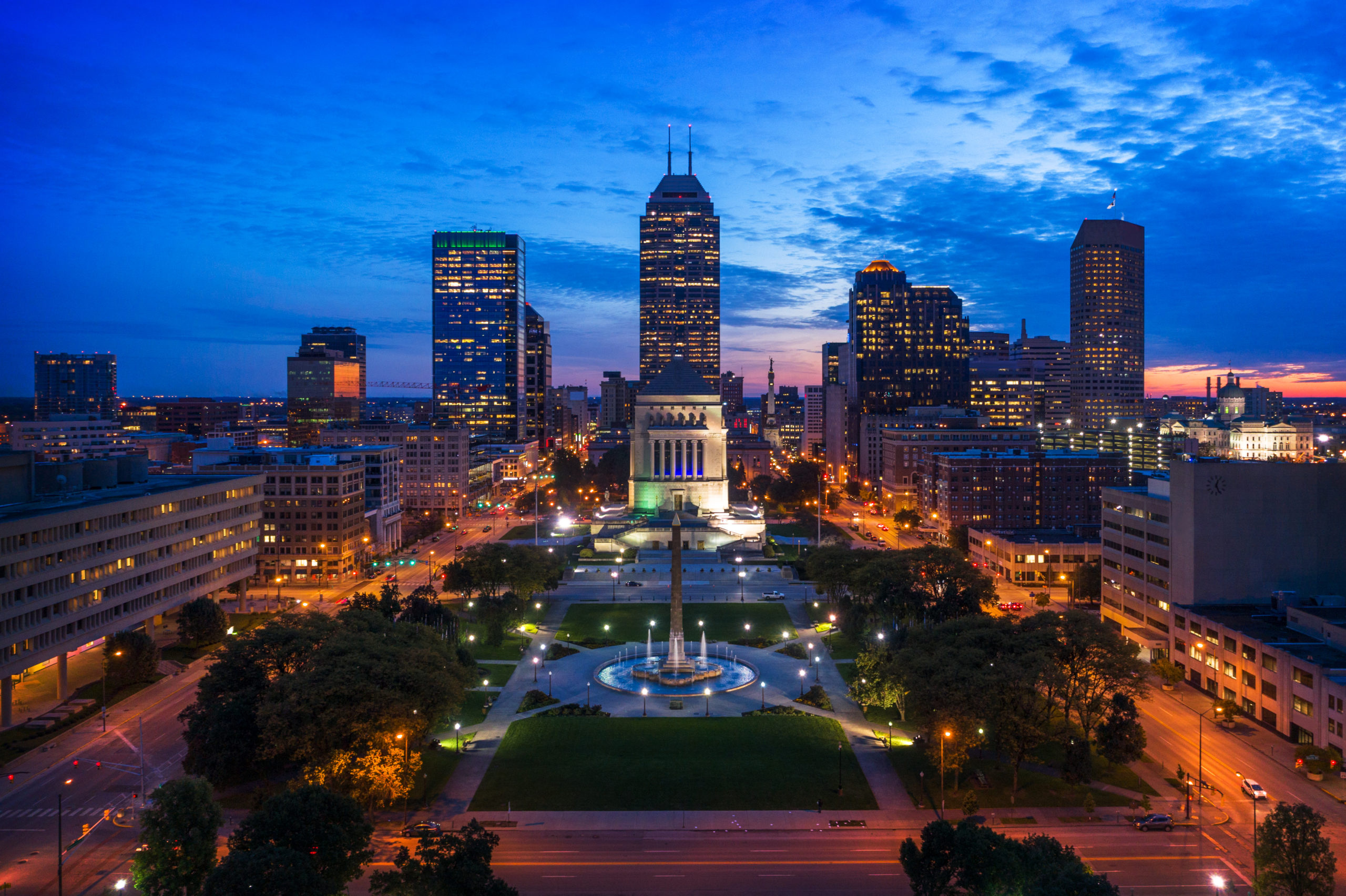 Indianapolis Skyline, Park aerial view, Dusk skyline, City at twilight, 2560x1710 HD Desktop
