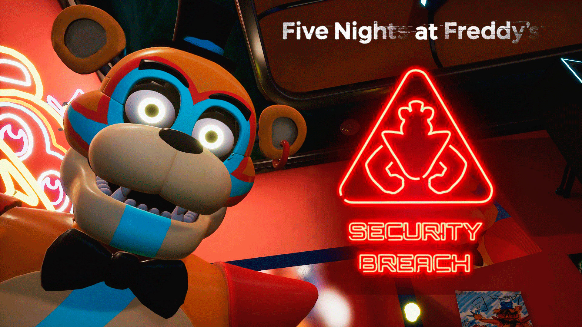 Glamrock Freddy, Five Nights at Freddy's: Security Breach logo, Glowing red neon sign, Full HD Desktop wallpaper