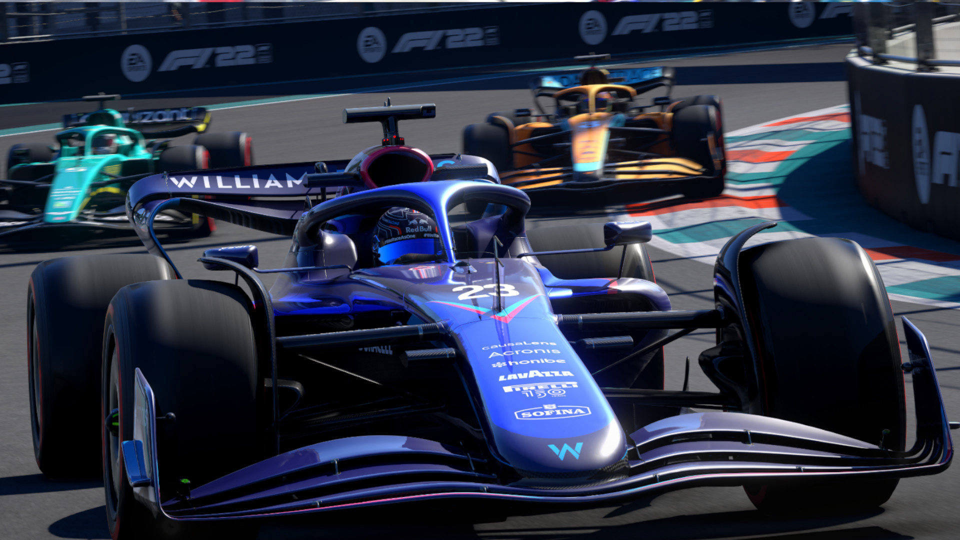 Williams FW44 Formula 1 car, McLaren MCL36, Alexander Albon, F1 22 video game, Full HD Desktop wallpaper