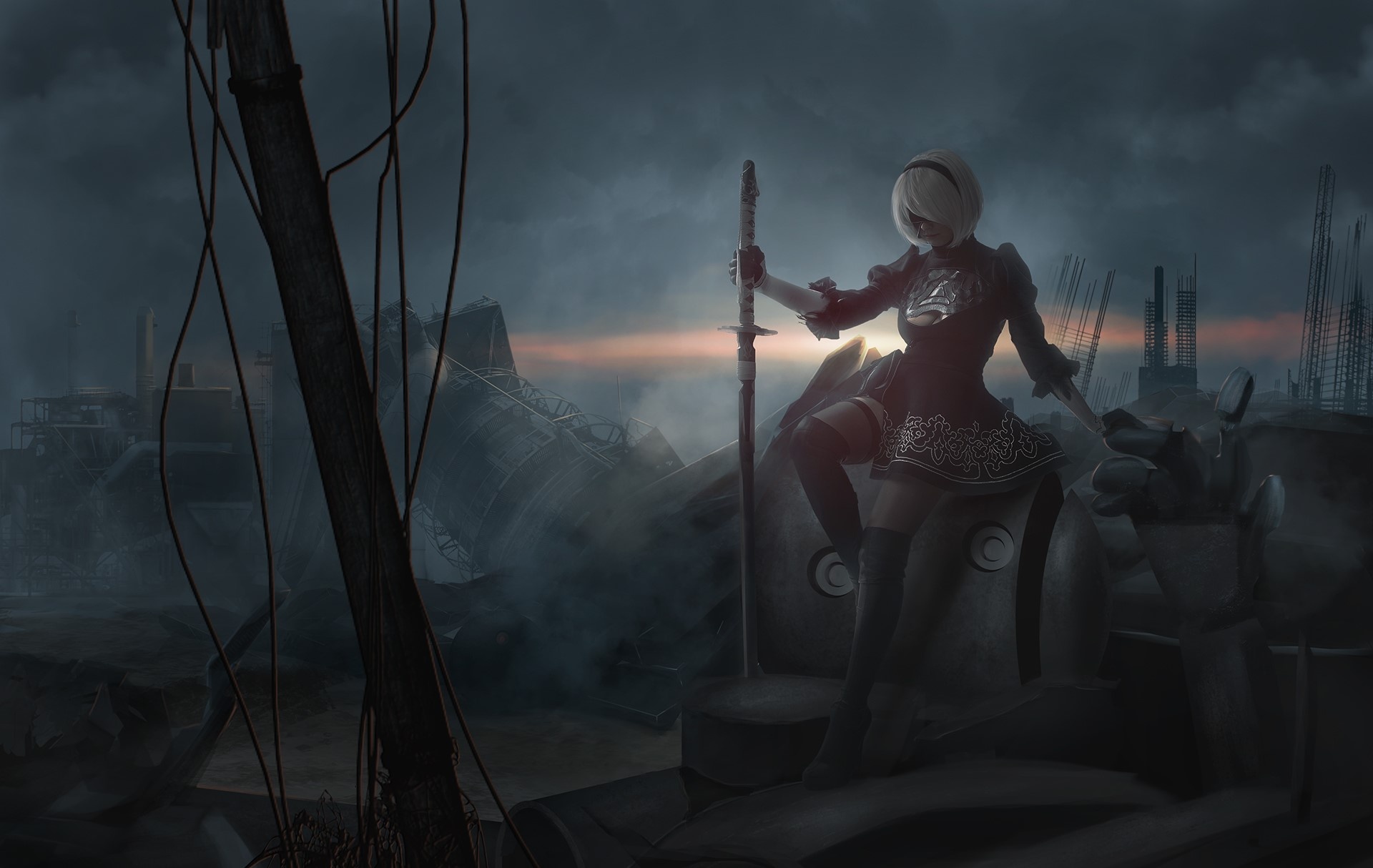 YoRHa No.2 Type B, Virtuous Contract katana, Ruined Machine Lifeform, HD Desktop wallpaper