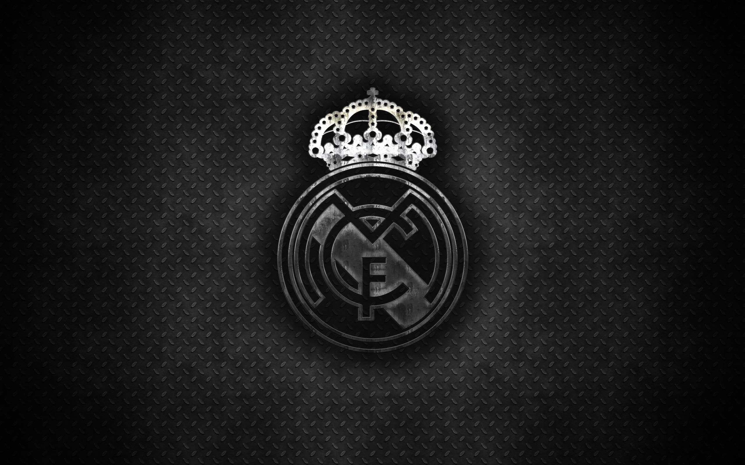 Real Madrid crest, black diamond plate texture, metallic monochrome emblem, HD Desktop wallpaper