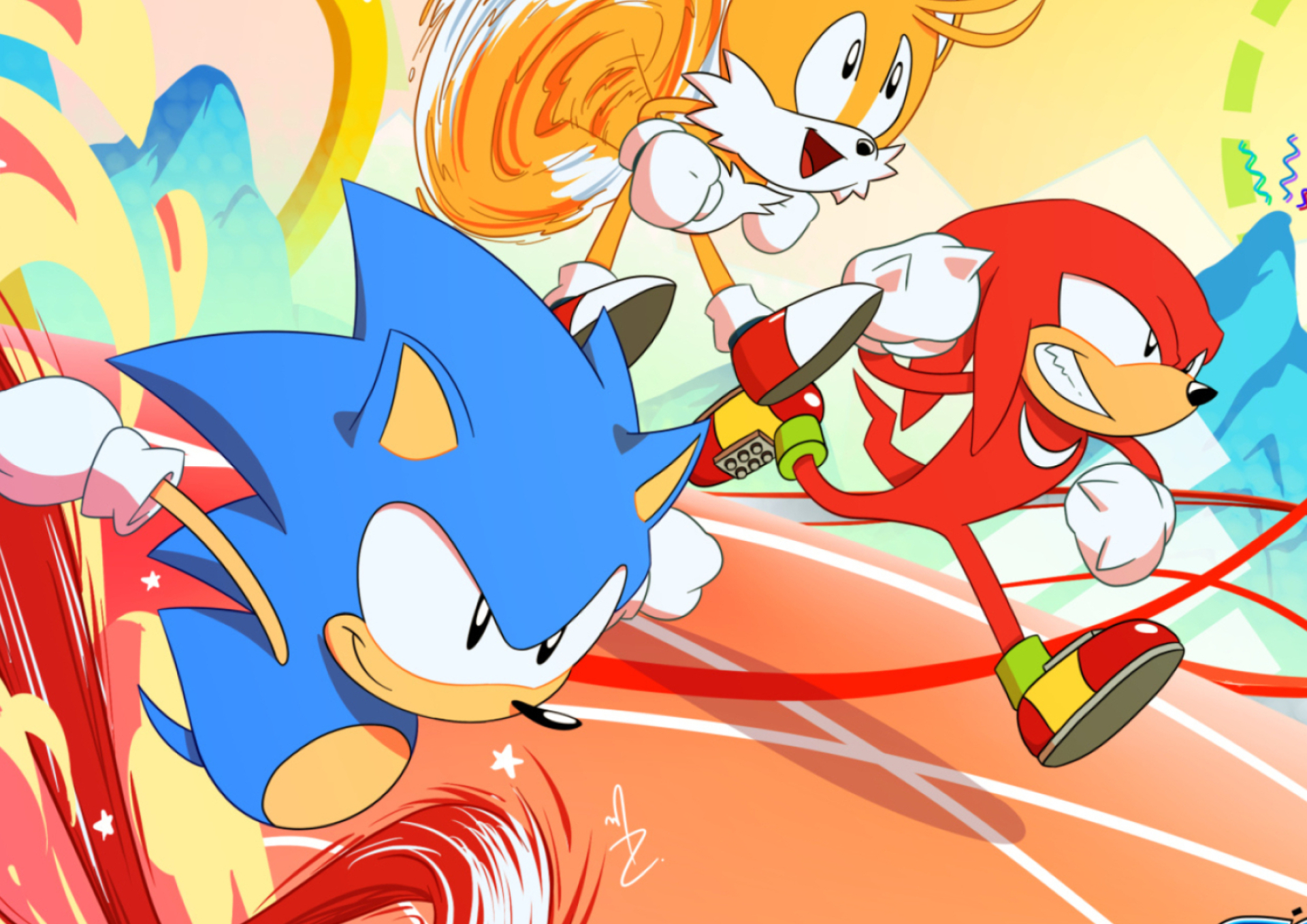 Sonic the Hedgehog close-up, Miles Tails Prower running, Knuckles the Echidna running, Pastel mountain backdrop, HD Desktop wallpaper