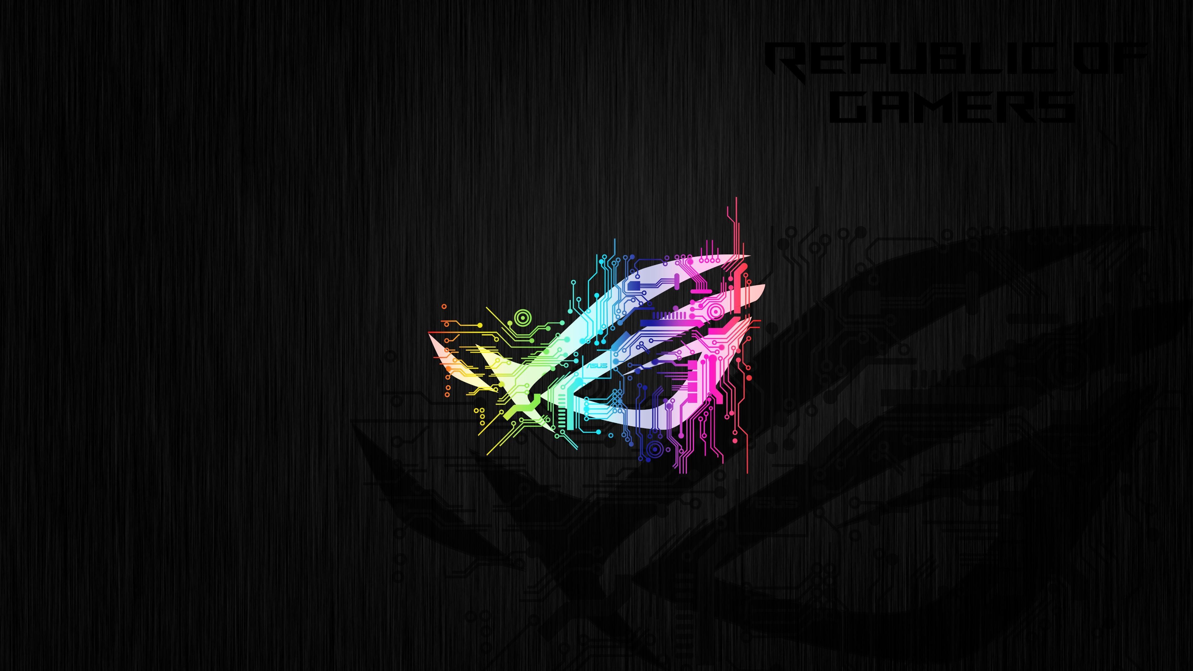 ASUS Republic of Gamers circuit logo, Republic of Gamers lettering, Black brushed texture backdrop, 4K Desktop wallpaper