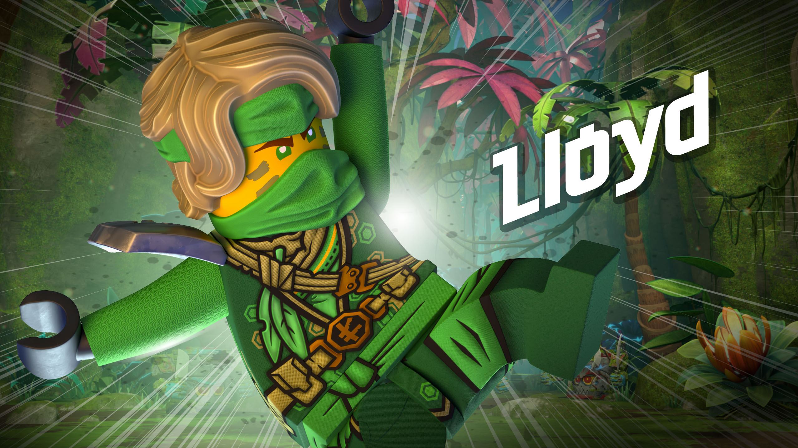 Lloyd the green ninja, Twin katanas mid-leap, Ninjago jungle backdrop, HD Desktop wallpaper