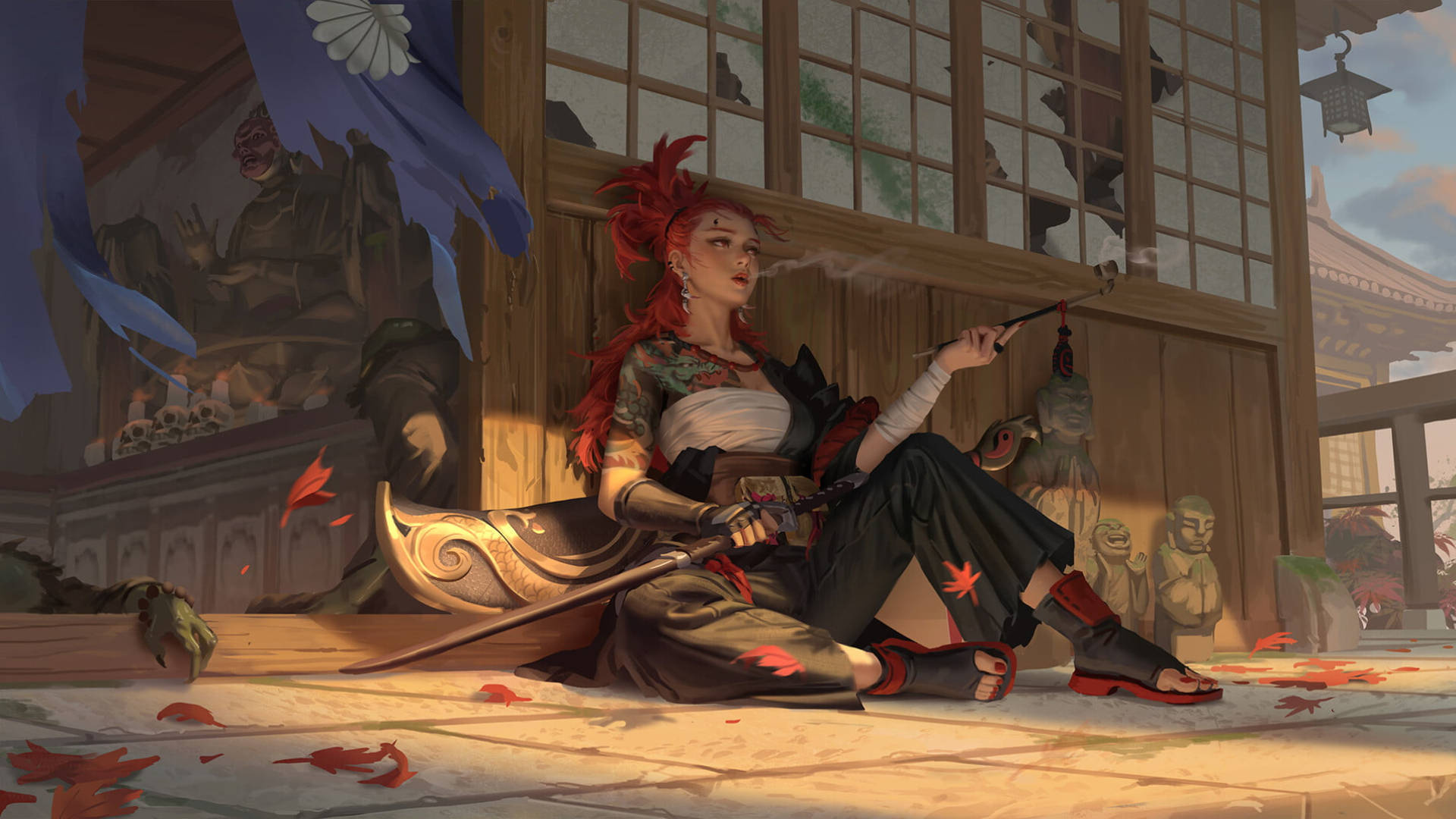 Red-haired female samurai, Smoking long kiseru pipe, Japanese temple engawa porch, Full HD Desktop wallpaper