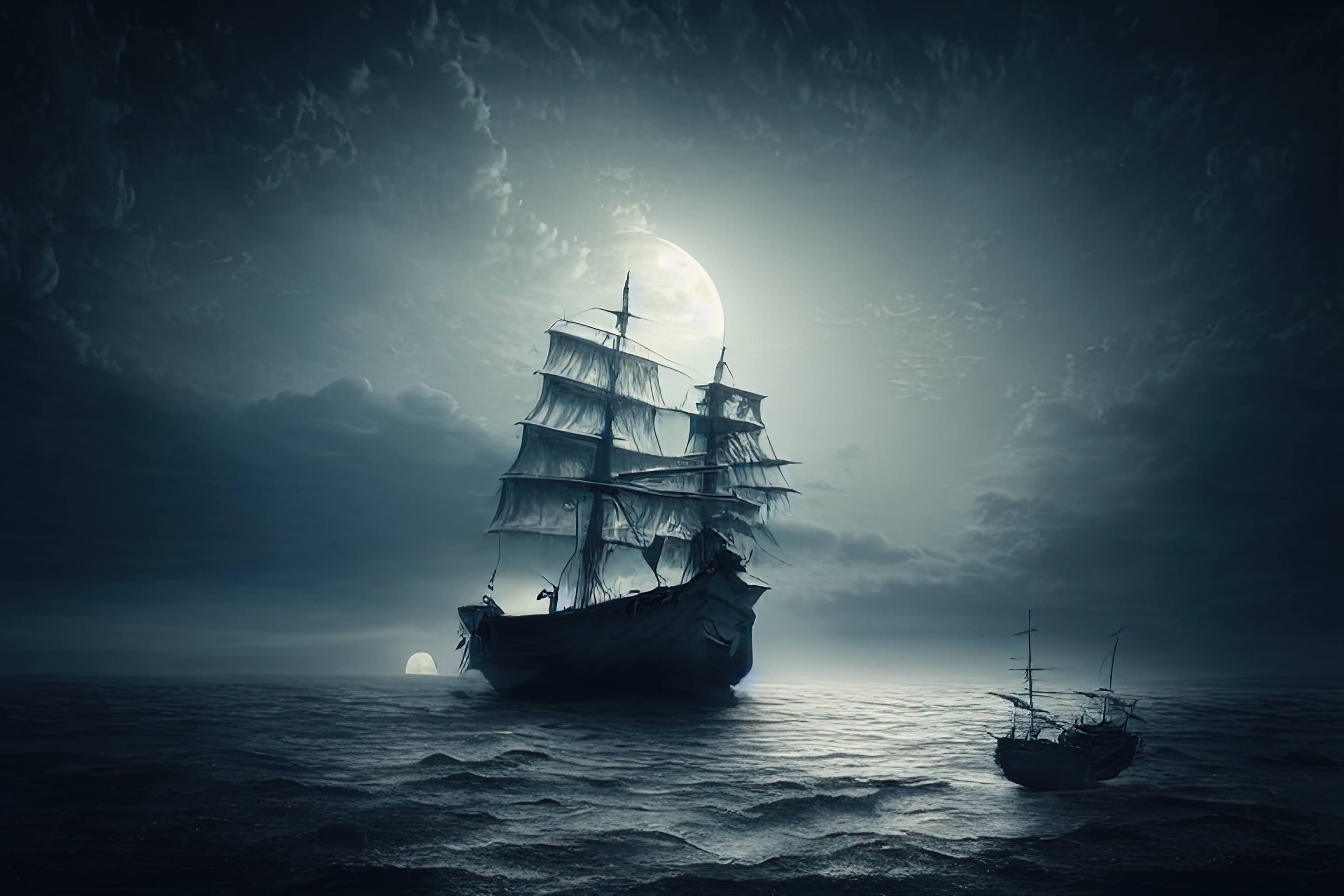 Moonlit pirate ship, Glowing full moon, Dark ocean waves, HD Desktop wallpaper