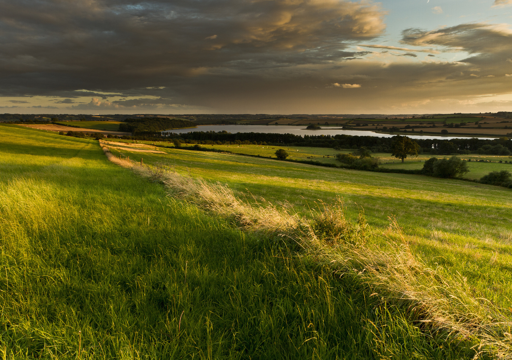 rolling green meadow slope, distant countryside lake, stormy sunset sky, HD Desktop wallpaper