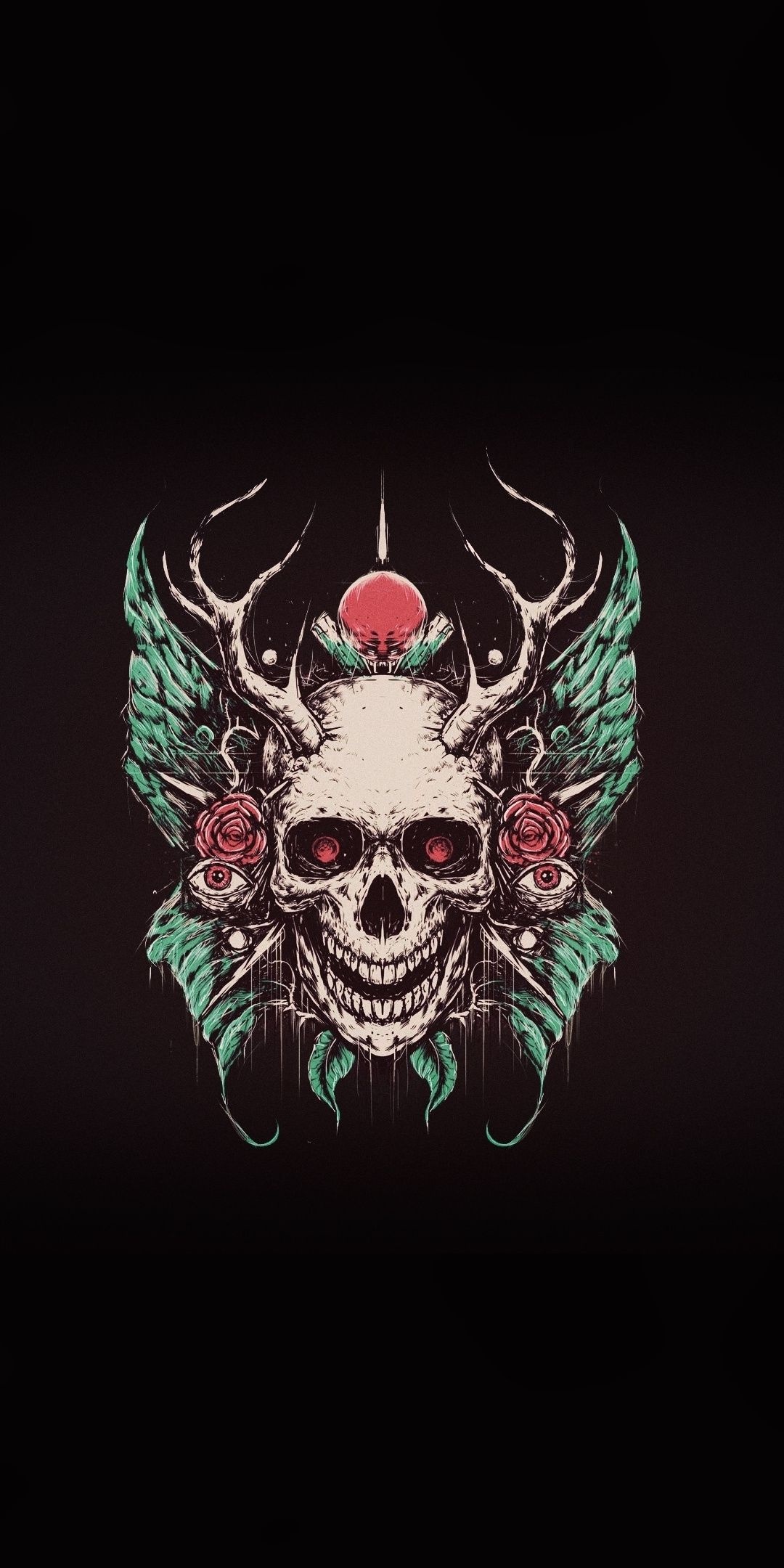 Antlered skull with wings, Red roses beside temples, Red orb above antlers, HD Phone wallpaper