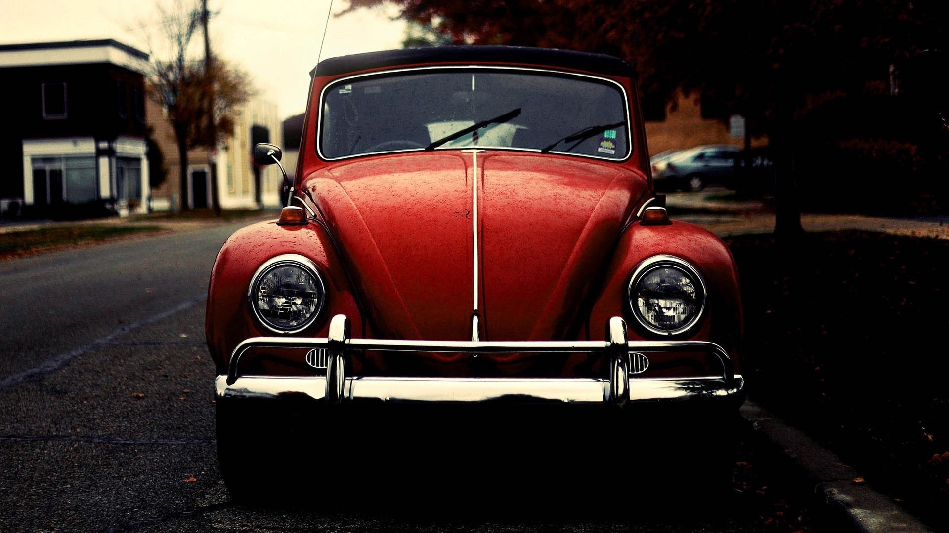 red Volkswagen Beetle, chrome front bumper, asphalt roadside curb, Full HD Desktop wallpaper