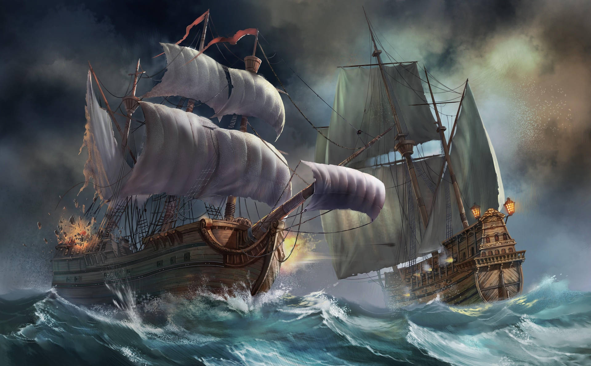 Two battling wooden galleons, Cannon fire explosion, Stormy rough sea waves, HD Desktop wallpaper