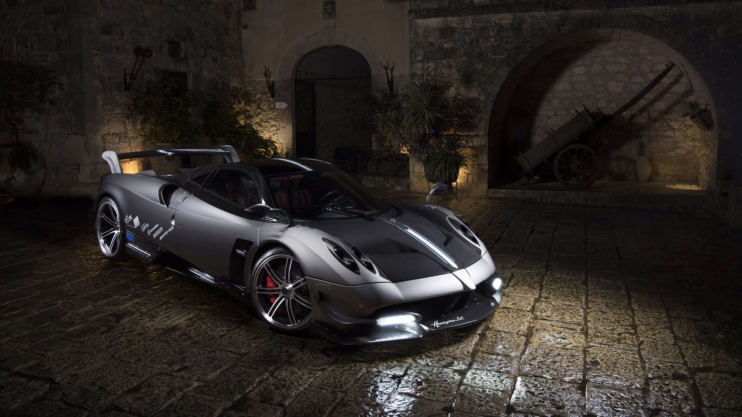 Pagani Huayra BC, Wet cobblestone courtyard, Rustic stone archway, HD Desktop wallpaper