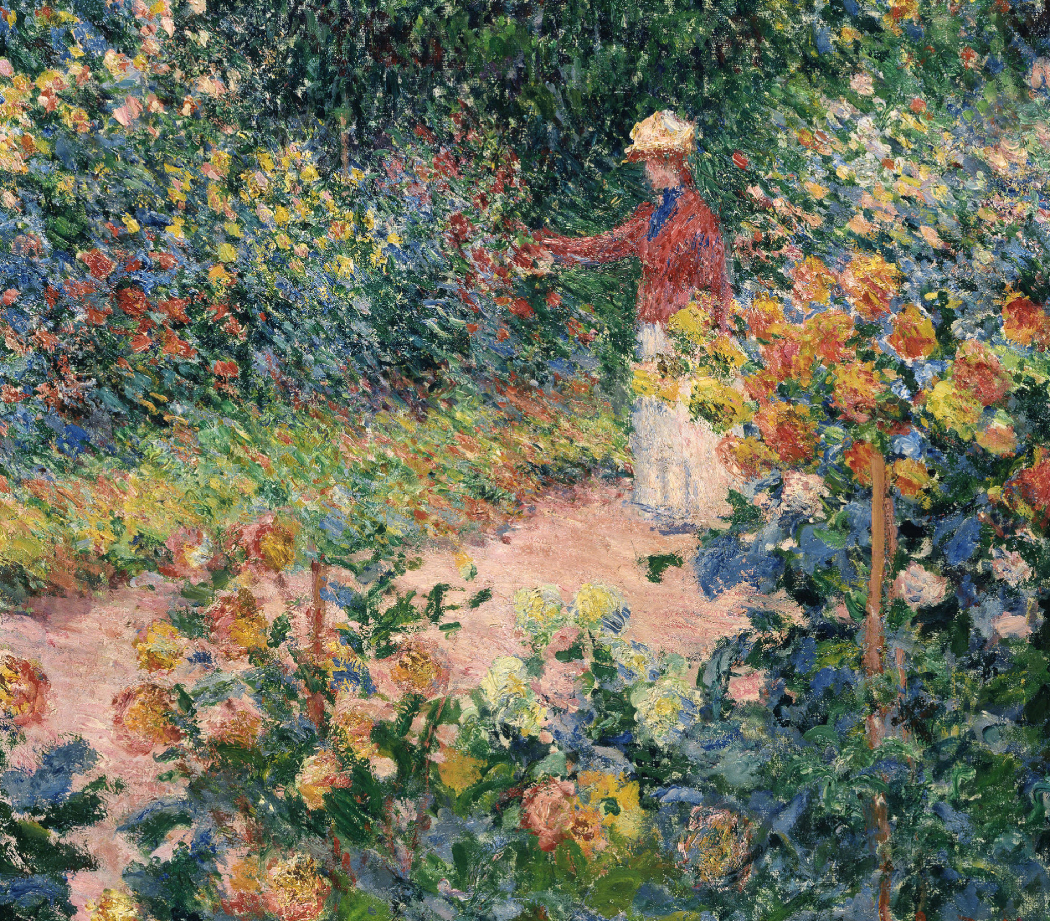 woman in straw hat, blooming dahlia garden, winding garden path, HD Desktop wallpaper