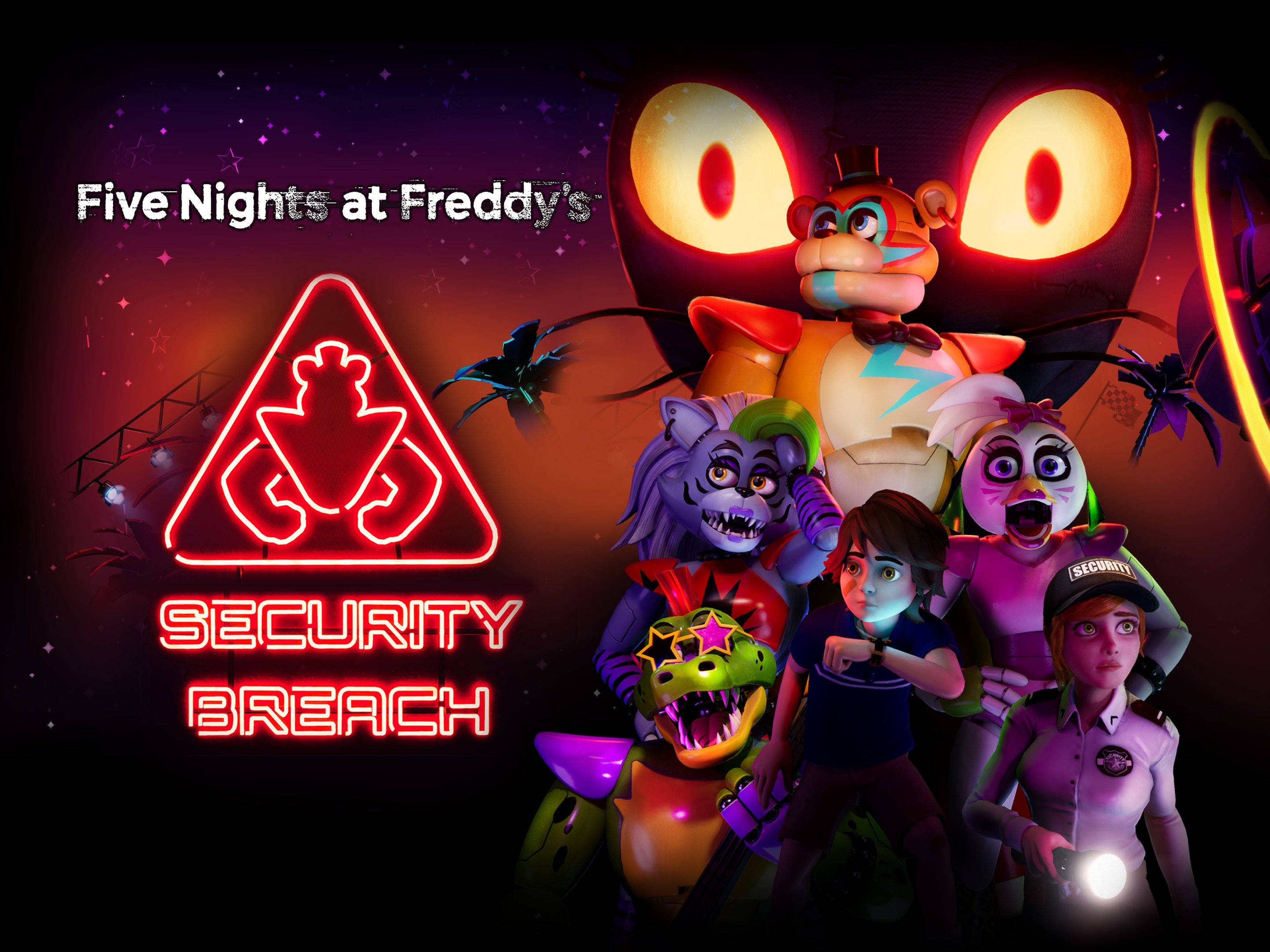 Five Nights at Freddy's: Security Breach, Glamrock Freddy, Gregory and Vanessa, Glamrock animatronics, Vanny silhouette with glowing eyes, HD Desktop wallpaper