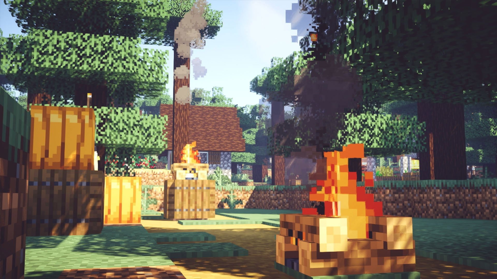 Minecraft campfire, Minecraft village house, sunlit oak forest, Full HD Desktop wallpaper
