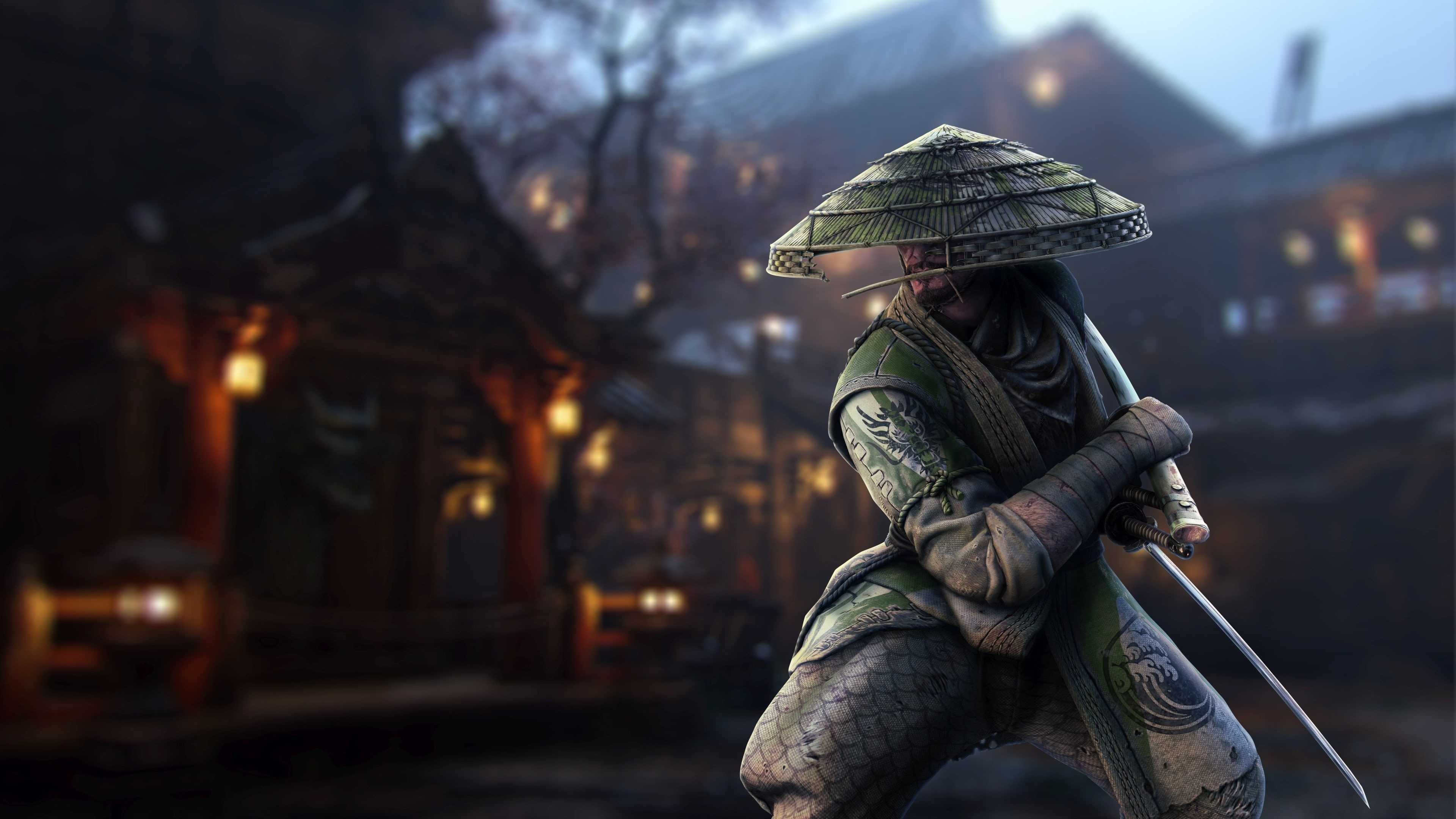 For Honor Aramusha, dual katana swords, lantern-lit Japanese village, 4K Desktop wallpaper