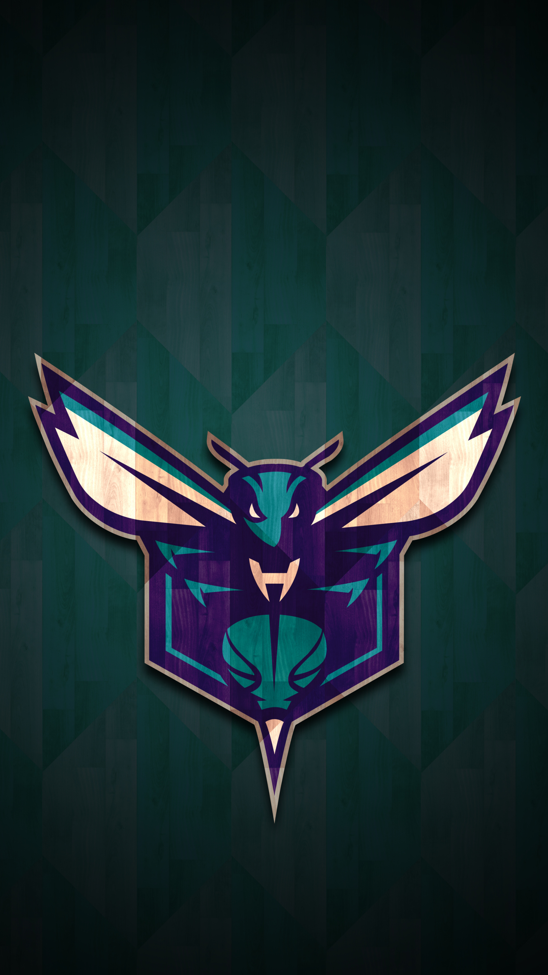Charlotte Hornets crest logo, Teal purple hornet mascot, Dark teal hardwood backdrop, 4K Phone wallpaper