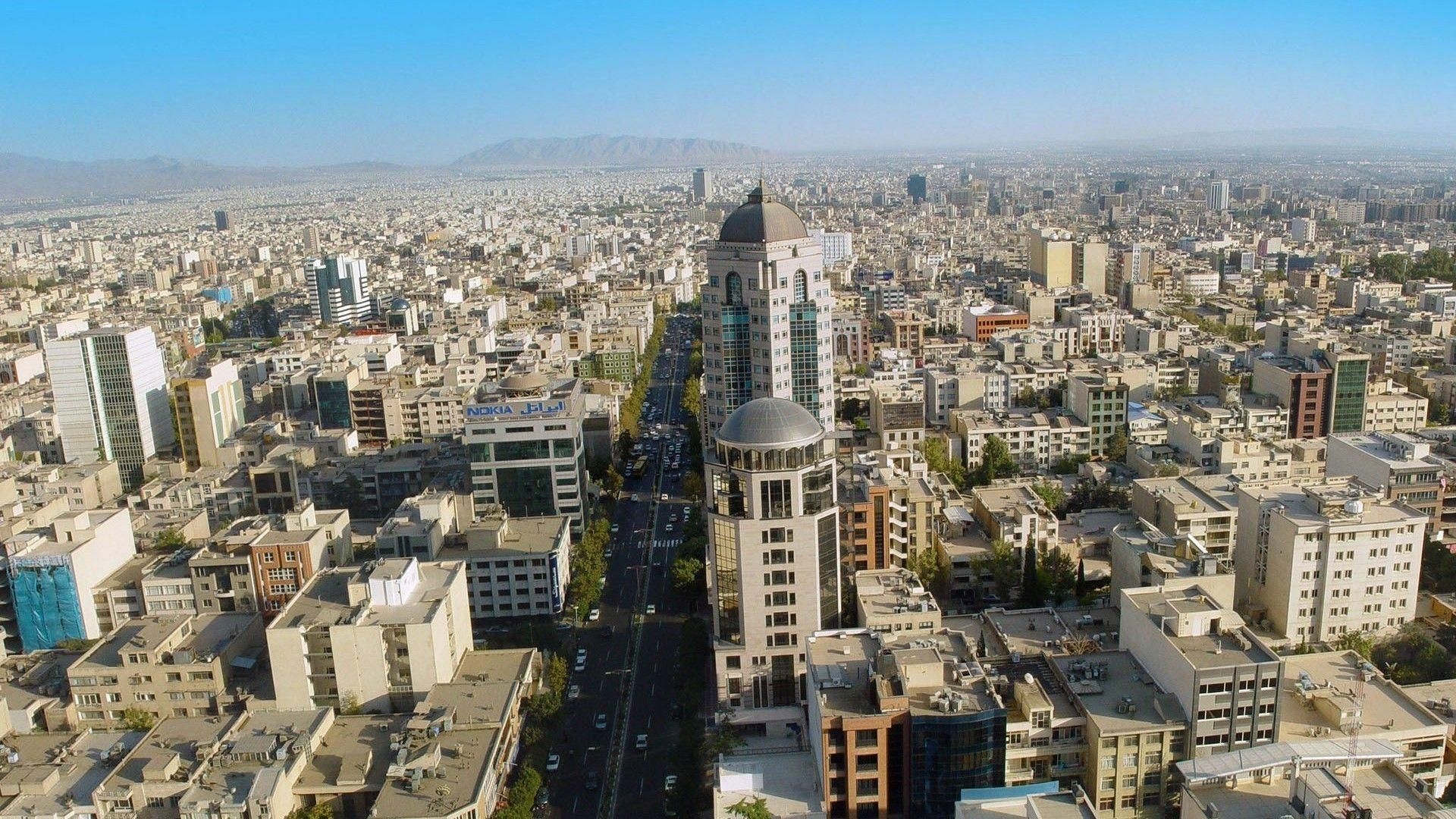 Tehran cityscape, domed skyscraper tower, Nokia rooftop signage, Full HD Desktop wallpaper