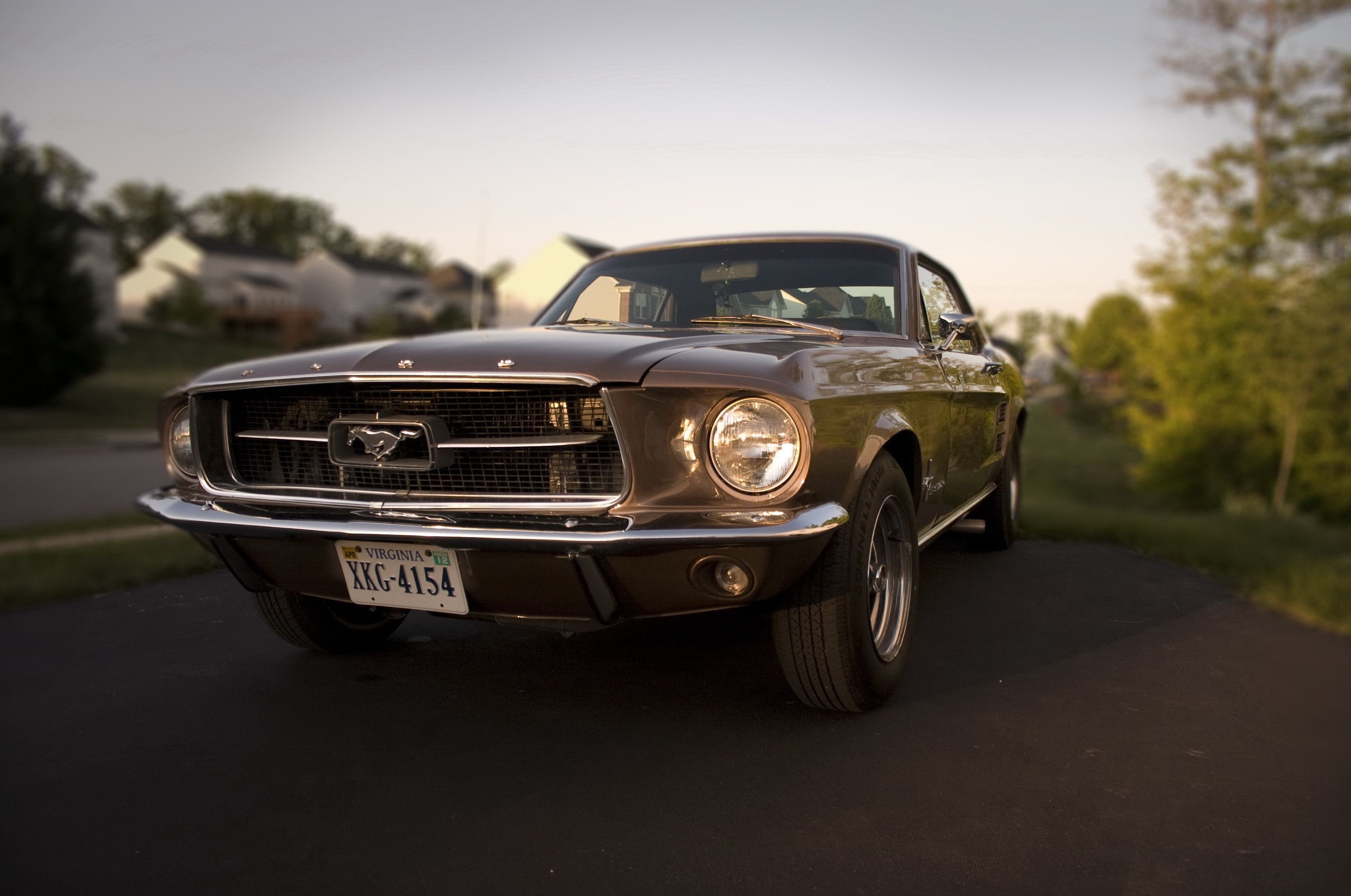 1967 Ford Mustang, Mustang horse grille badge, Suburban driveway at sunset, HD Desktop wallpaper