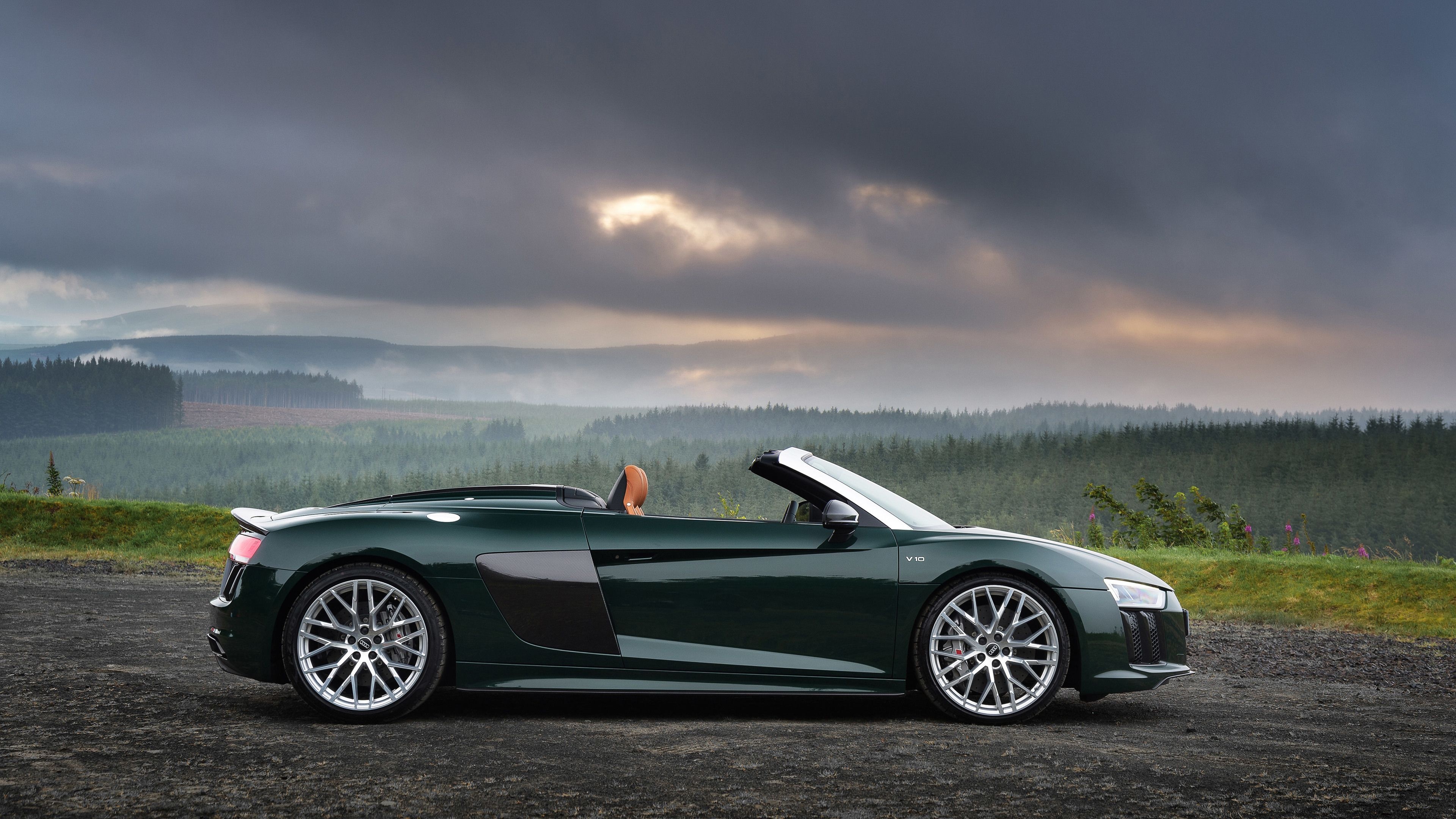 Audi R8 Spyder V10, misty pine forest, dramatic storm clouds, 4K Desktop wallpaper