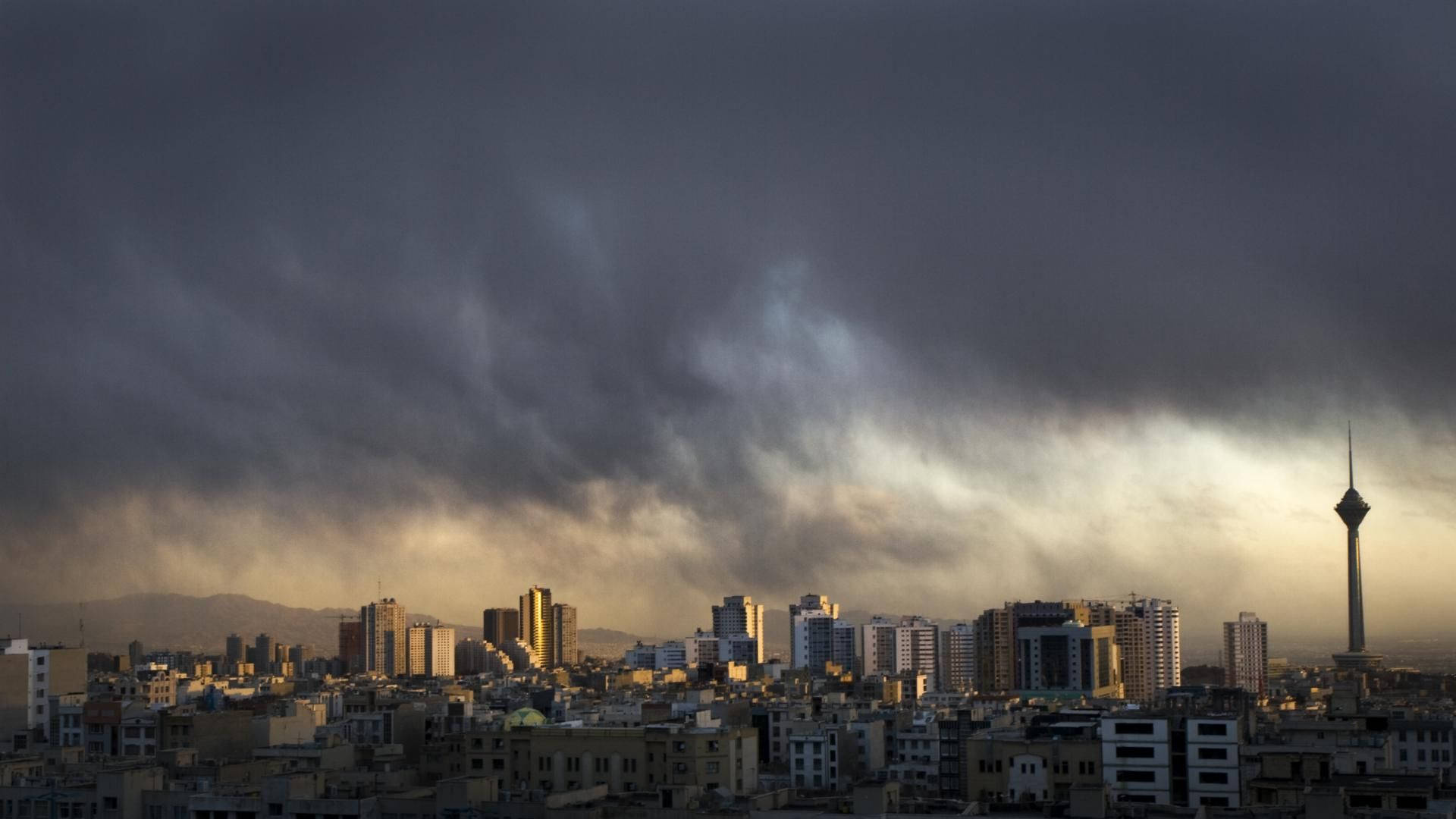 Milad Tower, Tehran skyline, dark storm clouds, Full HD Desktop wallpaper