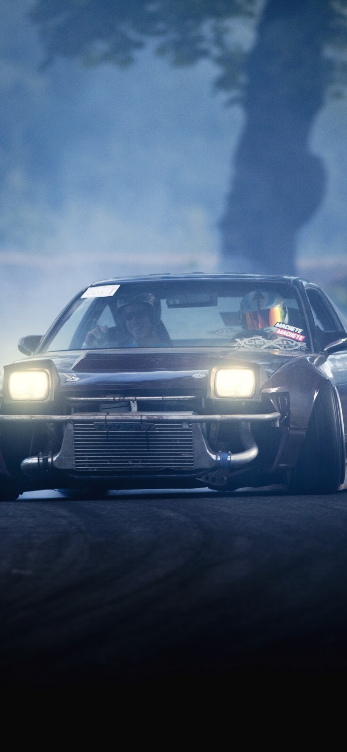 Nissan 180SX drift car, exposed front mount intercooler, glowing pop-up headlights, HD Phone wallpaper