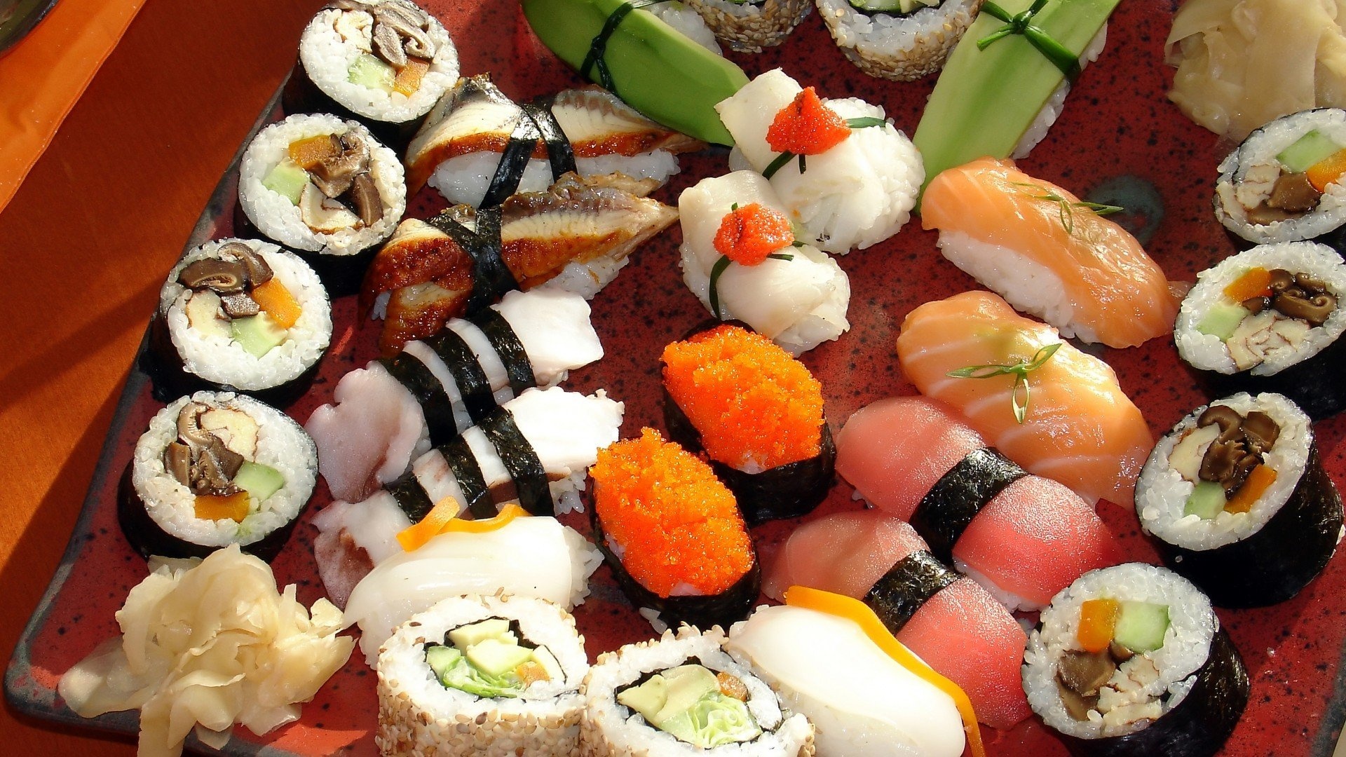 Sushi rolls, Appetizing display, Vibrant colors, Savory flavors, 1920x1080 Full HD Desktop