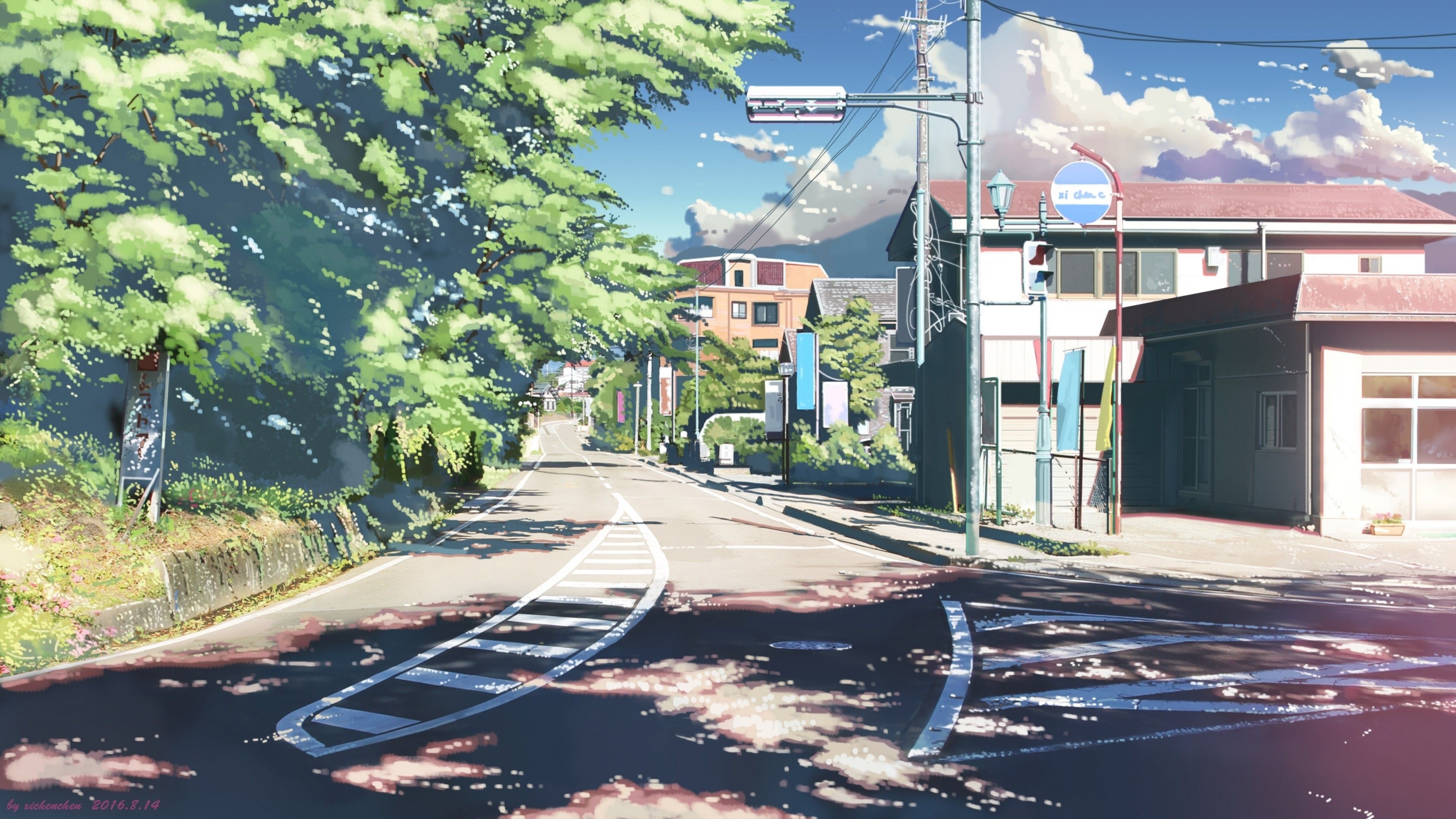 sunlit Japanese residential street, dappled shadows asphalt road, anime cumulus clouds, 4K Desktop wallpaper