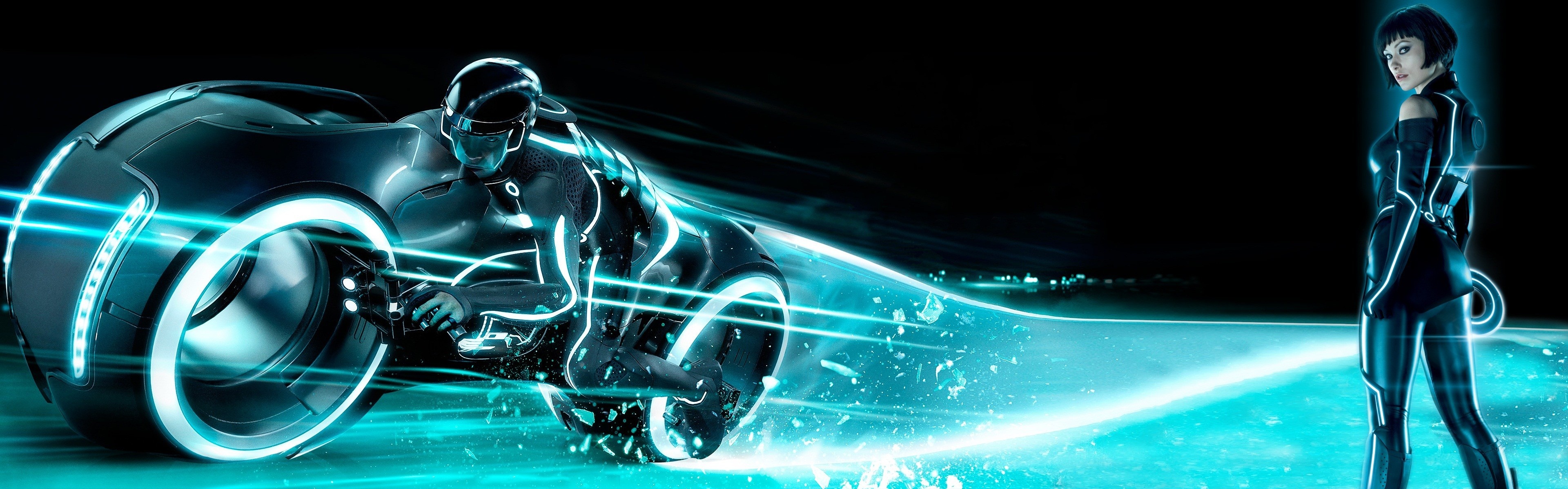 Olivia Wilde as Quorra, Tron Legacy Light Cycle, Glowing cyan light trail, Dual Screen Desktop wallpaper