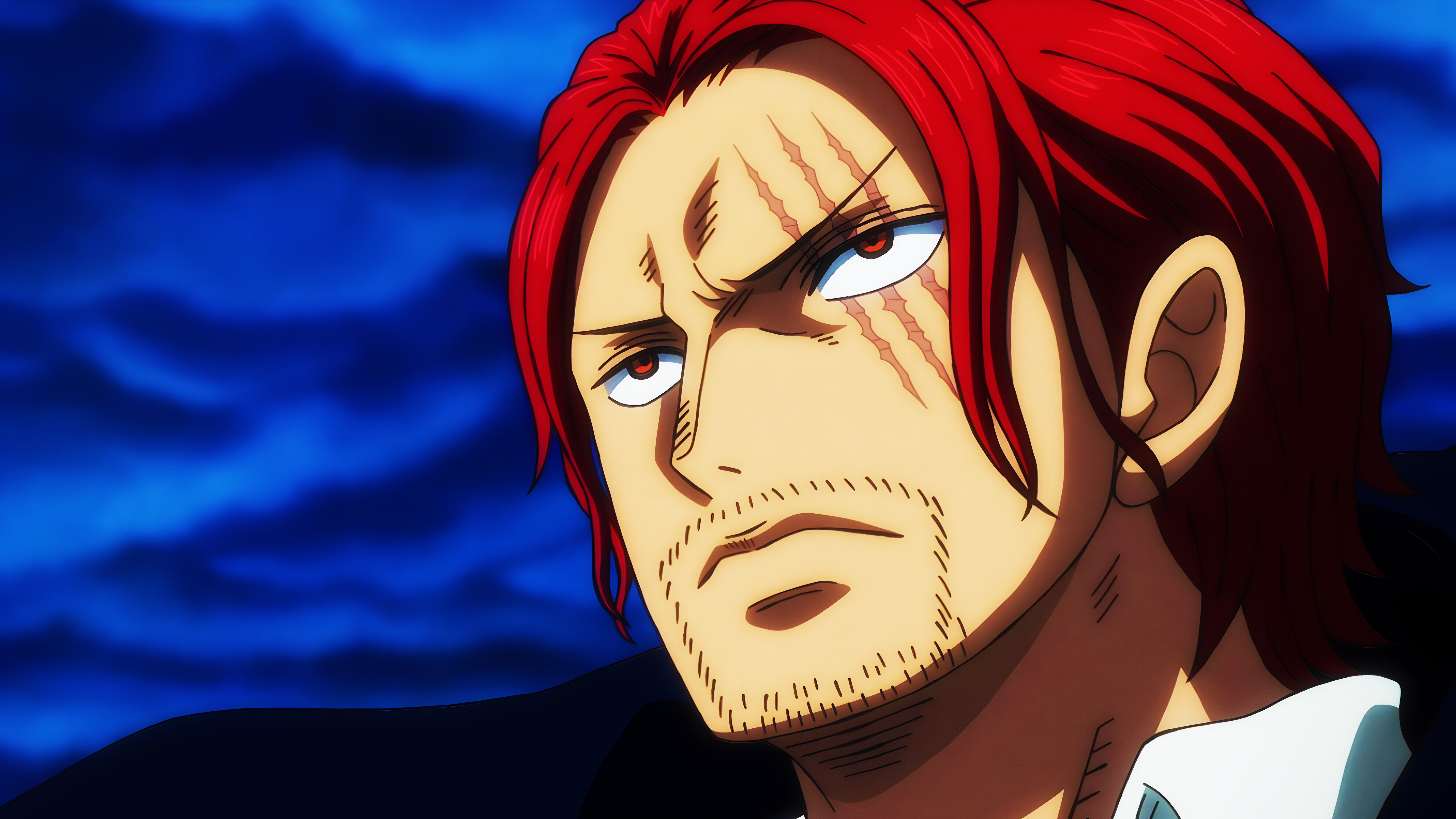 Shanks, Three scars over the eye, Red hair close-up, Deep blue backdrop, 4K Desktop wallpaper