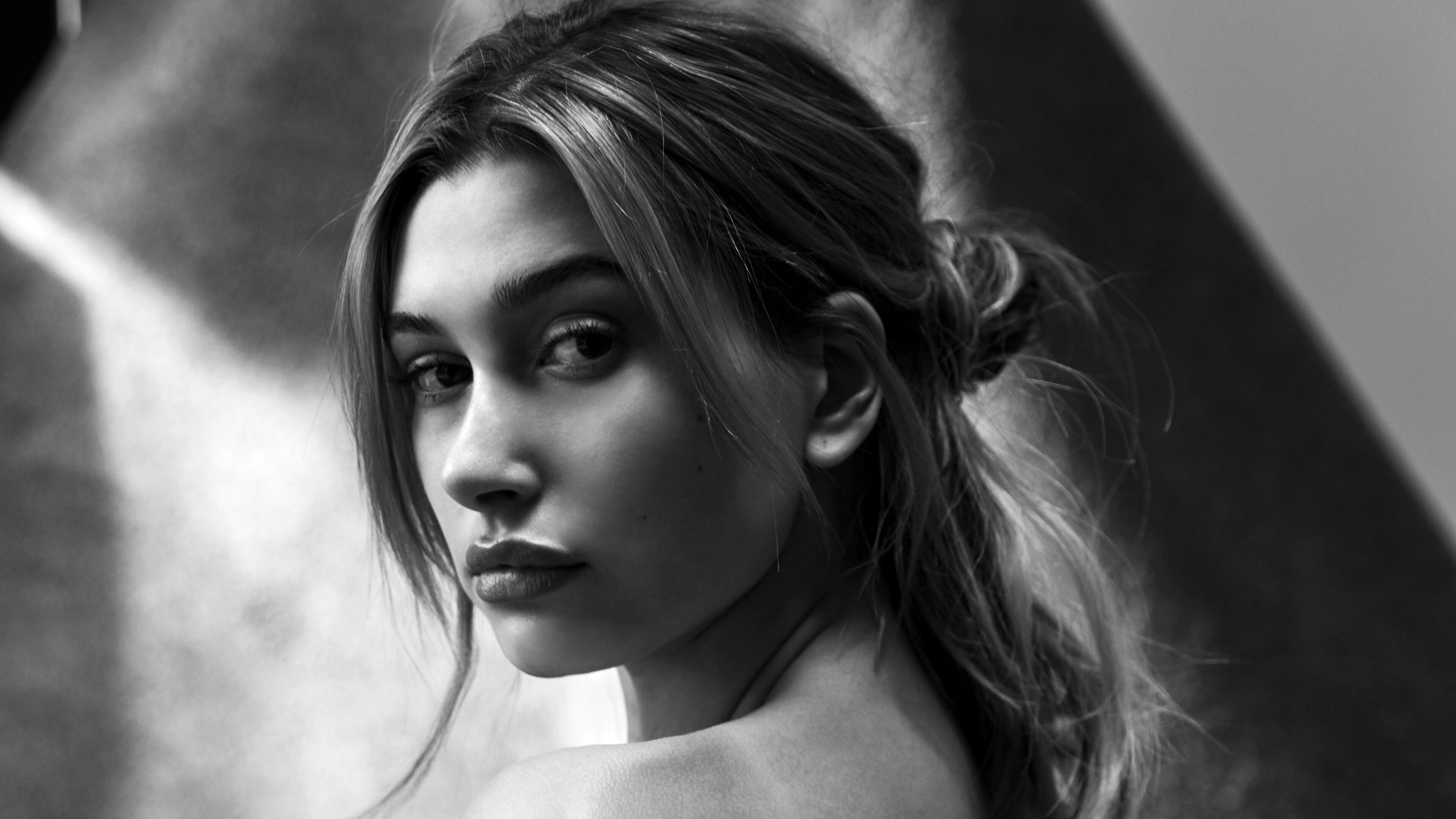 Hailey Bieber portrait, Black and white, Celebrity face, Desktop wallpaper, 3840x2160 4K Desktop