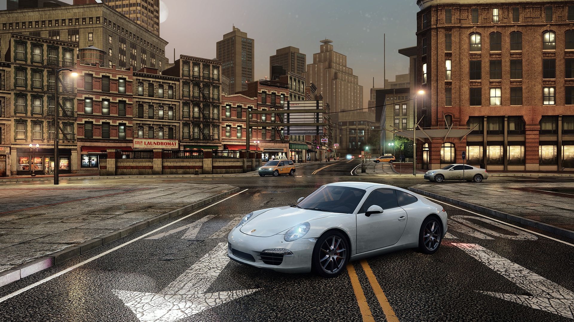 Porsche 911 Carrera S, Fairhaven City, LAUNDROMAT sign, Full HD Desktop wallpaper