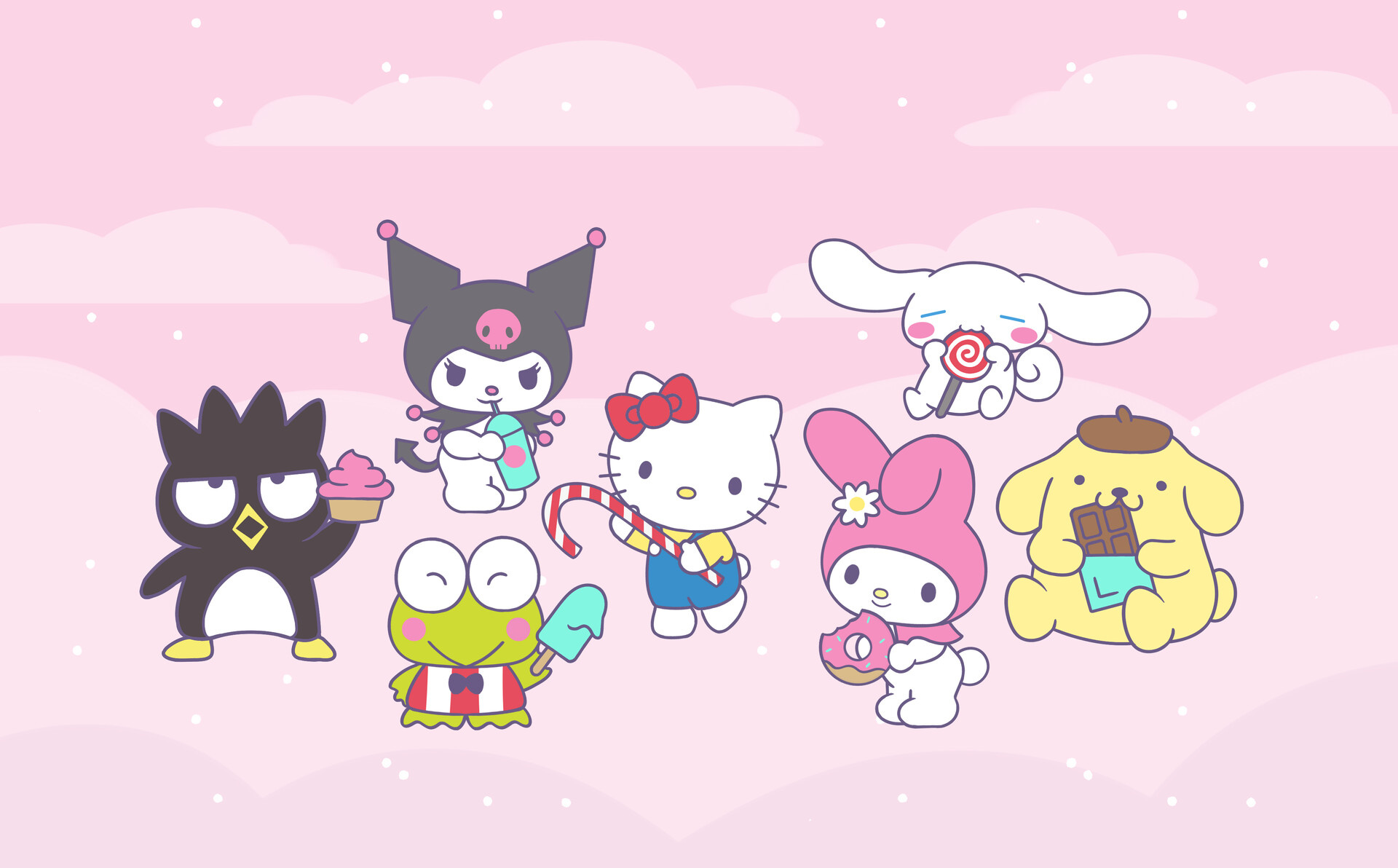 My Melody, Hello Kitty, Kuromi, Cinnamoroll, Pompompurin, HD Desktop wallpaper