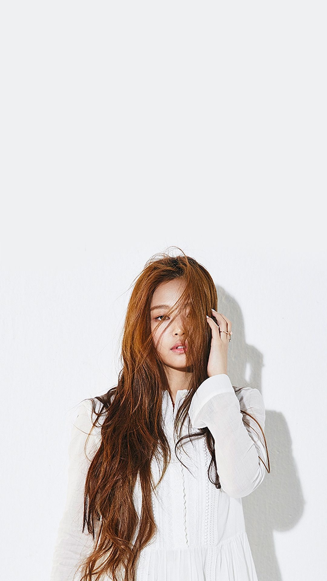Jennie Kim, long brown hair, white studio backdrop, Full HD Phone wallpaper