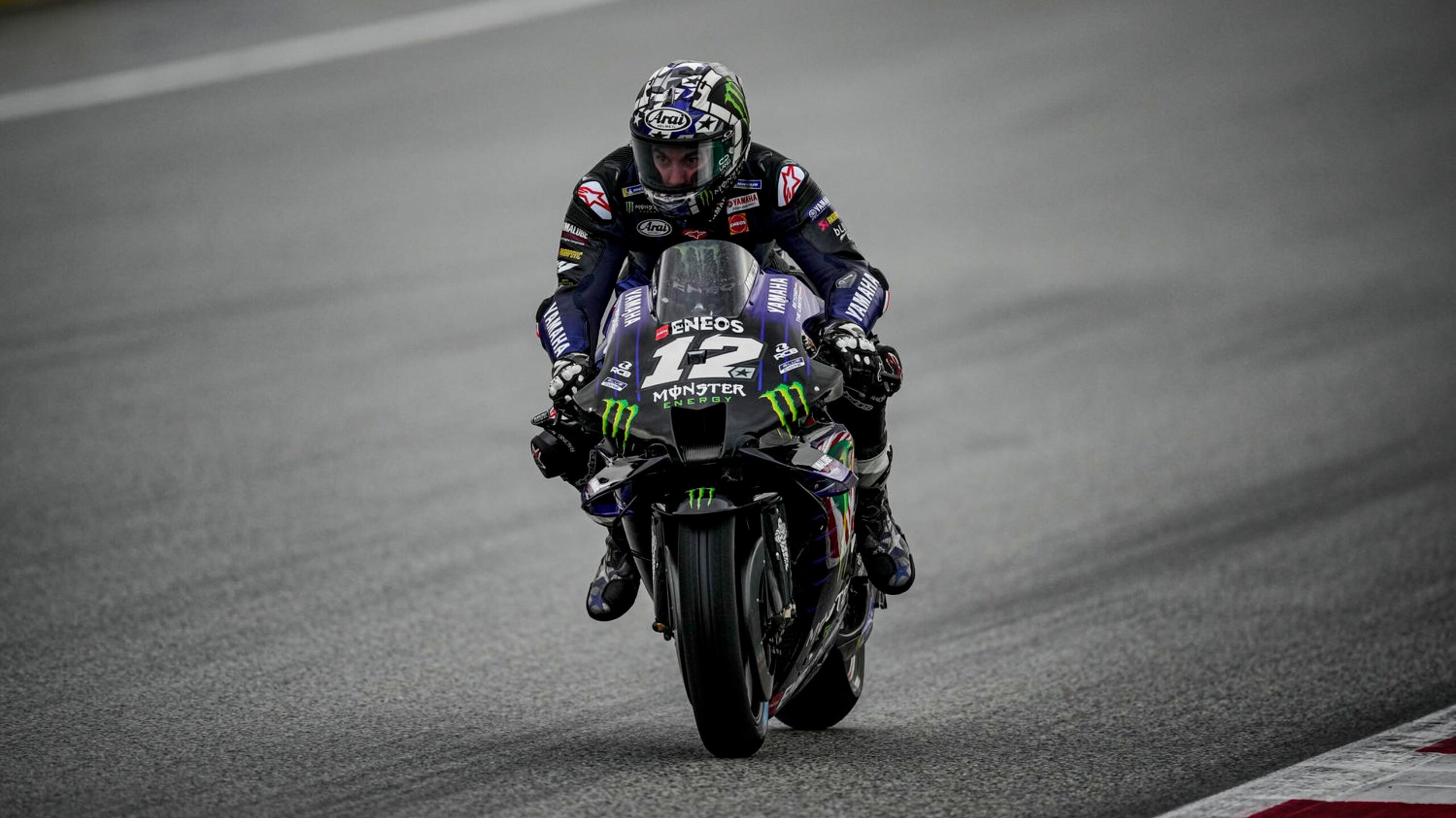 Maverick Vinales number 12, Monster Energy Yamaha YZR-M1, MotoGP head-on along straight, HD Desktop wallpaper