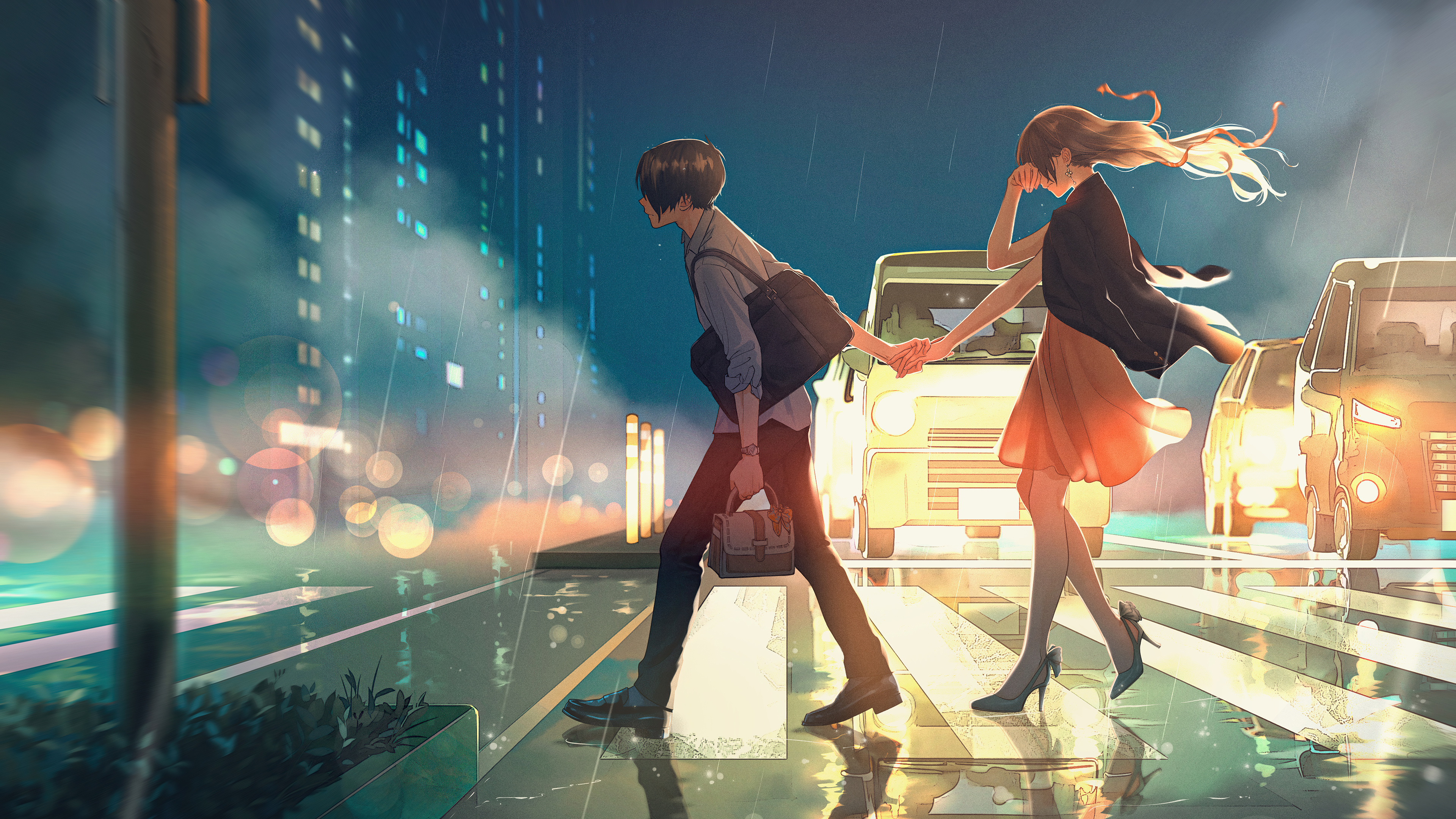 anime couple holding hands, wet crosswalk car headlights, rainy city street night, 4K Desktop wallpaper
