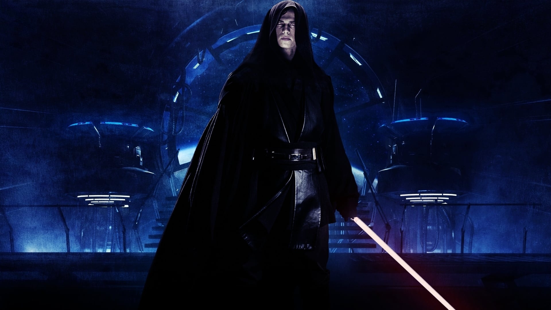Anakin Skywalker in hooded robe, Hayden Christensen as Darth Vader, Glowing red lightsaber, Full HD Desktop wallpaper